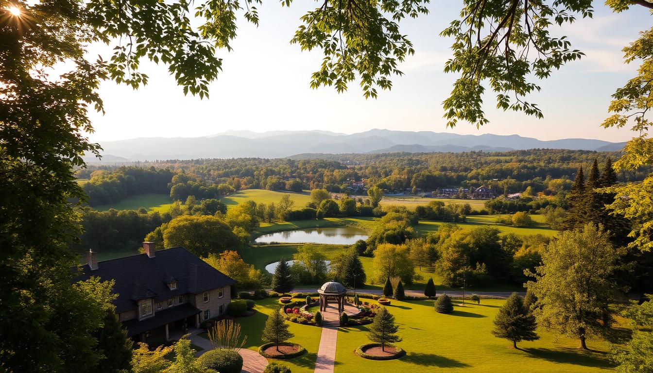 Stunning Hudson Valley landscape with lush greenery, rolling hills, and serene ponds. In the foreground, a picturesque historic estate with elegant architecture and charming gardens. Warm, golden sunlight filters through the trees, casting a soft, romantic glow on the scene. The middle ground features a charming gazebo or pavilion, perfect for an intimate outdoor ceremony. In the distance, the majestic Catskill Mountains provide a breathtaking backdrop. The overall atmosphere evokes a sense of timeless elegance and natural beauty, ideal for an unforgettable small wedding celebration. Stunning Hudson Valley landscape with lush greenery, rolling hills, and serene ponds. In the foreground, a picturesque historic estate with elegant architecture and charming gardens. Warm, golden sunlight filters through the trees, casting a soft, romantic glow on the scene. The middle ground features a charming gazebo or pavilion, perfect for an intimate outdoor ceremony. In the distance, the majestic Catskill Mountains provide a breathtaking backdrop. The overall atmosphere evokes a sense of timeless elegance and natural beauty, ideal for an unforgettable small wedding celebration.