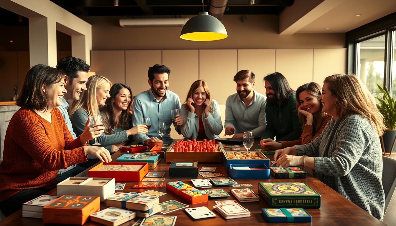 Vibrant and engaging group of friends gathered around a table, immersed in a variety of interactive party games. The scene is bathed in warm, soft lighting that casts a cozy, celebratory atmosphere. In the foreground, a selection of classic board games, card decks, and party props are scattered, inviting players to join in the fun. The middle ground showcases a diverse group of people - some laughing, others deep in concentration, all enjoying the camaraderie of the moment. In the background, a stylish, modern interior with neutral tones provides a sleek, sophisticated setting for the lively gathering. The overall composition conveys a sense of shared joy, laughter, and connection. Vibrant and engaging group of friends gathered around a table, immersed in a variety of interactive party games. The scene is bathed in warm, soft lighting that casts a cozy, celebratory atmosphere. In the foreground, a selection of classic board games, card decks, and party props are scattered, inviting players to join in the fun. The middle ground showcases a diverse group of people - some laughing, others deep in concentration, all enjoying the camaraderie of the moment. In the background, a stylish, modern interior with neutral tones provides a sleek, sophisticated setting for the lively gathering. The overall composition conveys a sense of shared joy, laughter, and connection.