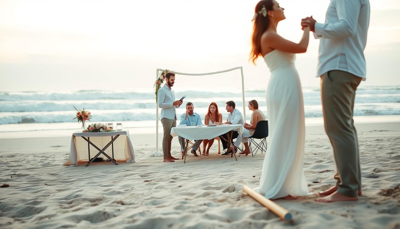 a beach wedding planning scene with a romantic, dreamy atmosphere. in the foreground, a couple stands on the sand, holding hands and gazing at each other lovingly, dressed in formal wedding attire. behind them, a table is set up with wedding planning materials like flowers, invitation cards, and a clipboard. in the middle ground, a group of friends and family members are seated, discussing the wedding plans. in the background, the ocean waves crash gently, with a pastel sunset sky illuminating the scene. the lighting is soft and natural, with a warm, golden glow. the camera angle is low, capturing the intimate, laid-back vibe of a beach wedding. a beach wedding planning scene with a romantic, dreamy atmosphere. in the foreground, a couple stands on the sand, holding hands and gazing at each other lovingly, dressed in formal wedding attire. behind them, a table is set up with wedding planning materials like flowers, invitation cards, and a clipboard. in the middle ground, a group of friends and family members are seated, discussing the wedding plans. in the background, the ocean waves crash gently, with a pastel sunset sky illuminating the scene. the lighting is soft and natural, with a warm, golden glow. the camera angle is low, capturing the intimate, laid-back vibe of a beach wedding.