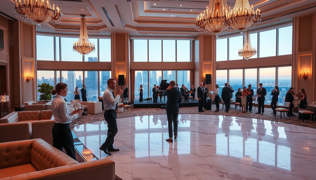 a grand and elegant event space with high ceilings, ornate chandeliers, and floor-to-ceiling windows overlooking a cityscape of skyscrapers. In the foreground, a polished marble dance floor is surrounded by plush lounge seating. In the middle ground, servers in crisp uniforms carry trays of champagne flutes and hors d'oeuvres. The background features a stage with a grand piano and a string quartet performing for a well-dressed crowd mingling and enjoying the sophisticated atmosphere. Soft, warm lighting casts a refined glow over the entire scene, creating an atmosphere of luxury and refinement. a grand and elegant event space with high ceilings, ornate chandeliers, and floor-to-ceiling windows overlooking a cityscape of skyscrapers. In the foreground, a polished marble dance floor is surrounded by plush lounge seating. In the middle ground, servers in crisp uniforms carry trays of champagne flutes and hors d'oeuvres. The background features a stage with a grand piano and a string quartet performing for a well-dressed crowd mingling and enjoying the sophisticated atmosphere. Soft, warm lighting casts a refined glow over the entire scene, creating an atmosphere of luxury and refinement.