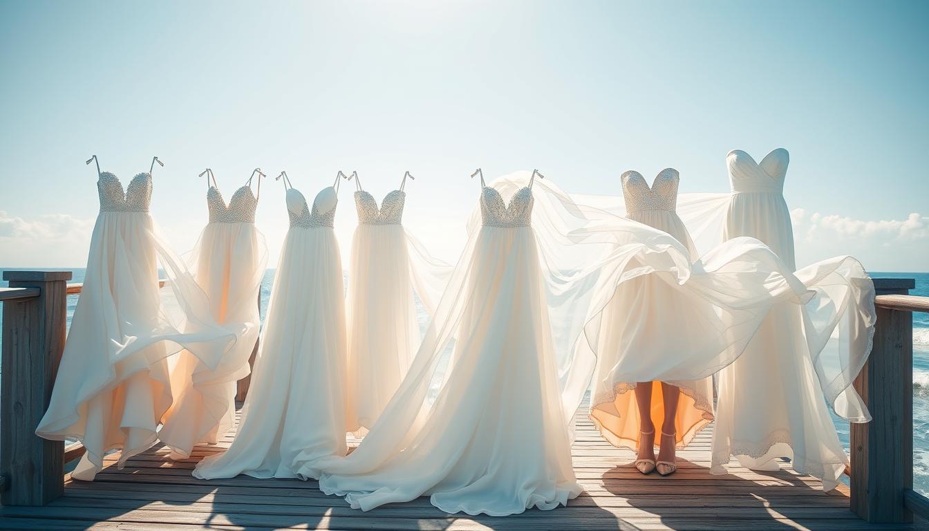 a high-quality photograph of several flowy, romantic beach wedding dresses in a sunny, coastal setting. the dresses have ethereal, flowing fabrics that gracefully move in the light ocean breeze. they are displayed on a wooden dock or pier, with the ocean and a cloudless blue sky in the background. the lighting is soft and natural, creating a warm, dreamy atmosphere. the camera angle is slightly elevated, capturing the dresses from a flattering perspective. the overall scene evokes a sense of serene, coastal elegance perfect for a beach wedding. a high-quality photograph of several flowy, romantic beach wedding dresses in a sunny, coastal setting. the dresses have ethereal, flowing fabrics that gracefully move in the light ocean breeze. they are displayed on a wooden dock or pier, with the ocean and a cloudless blue sky in the background. the lighting is soft and natural, creating a warm, dreamy atmosphere. the camera angle is slightly elevated, capturing the dresses from a flattering perspective. the overall scene evokes a sense of serene, coastal elegance perfect for a beach wedding.