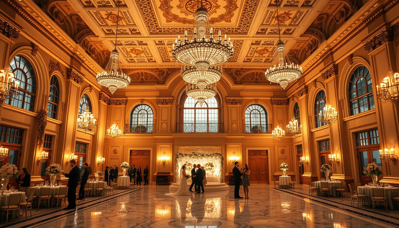 a highly detailed interior shot of a luxurious and historically-significant indoor wedding venue in New York City, featuring a large, ornate reception hall with high ceilings, chandeliers, and elegant marble floors. The space is bathed in warm, ambient lighting that casts a soft, romantic glow throughout. Intricate architectural details like gilded moldings, arched windows, and ornamental columns can be seen in the background. In the foreground, a small intimate gathering of wedding guests can be observed mingling and enjoying the refined and timeless atmosphere of the venue. a highly detailed interior shot of a luxurious and historically-significant indoor wedding venue in New York City, featuring a large, ornate reception hall with high ceilings, chandeliers, and elegant marble floors. The space is bathed in warm, ambient lighting that casts a soft, romantic glow throughout. Intricate architectural details like gilded moldings, arched windows, and ornamental columns can be seen in the background. In the foreground, a small intimate gathering of wedding guests can be observed mingling and enjoying the refined and timeless atmosphere of the venue.