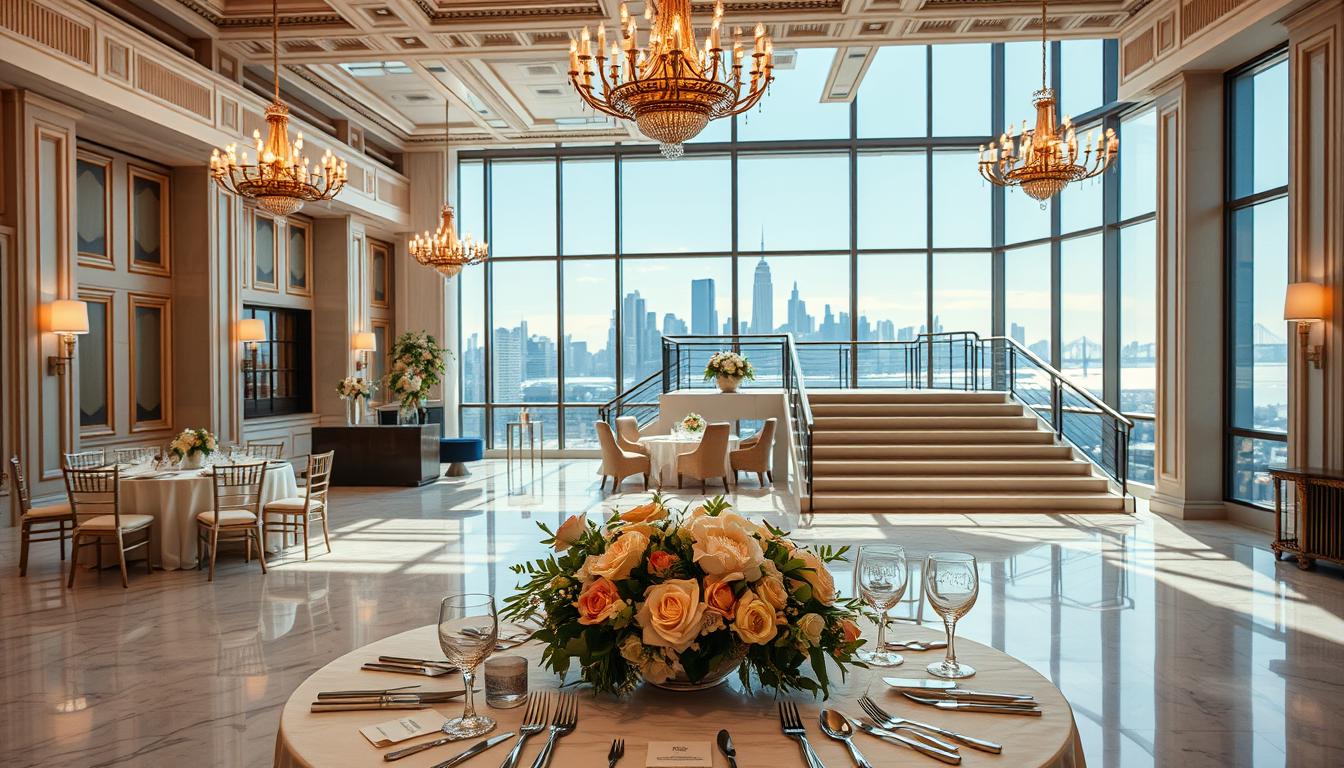 a modern, elegant wedding venue in the heart of Manhattan, capturing the grandeur and sophistication of a luxury event space. The venue features high ceilings with intricate architectural details, large windows allowing natural light to flood the space, and a polished marble floor that reflects the opulent chandeliers overhead. A mix of classic and contemporary design elements create a warm, inviting atmosphere, perfect for an unforgettable wedding celebration. In the foreground, a beautifully decorated table setting with delicate floral arrangements and gleaming silverware sets the stage for an intimate, exclusive gathering. The middle ground showcases the venue's grand staircase, leading up to a balcony that overlooks the main event space. In the background, the iconic skyline of Manhattan provides a breathtaking backdrop, with the Hudson River glistening in the distance. a modern, elegant wedding venue in the heart of Manhattan, capturing the grandeur and sophistication of a luxury event space. The venue features high ceilings with intricate architectural details, large windows allowing natural light to flood the space, and a polished marble floor that reflects the opulent chandeliers overhead. A mix of classic and contemporary design elements create a warm, inviting atmosphere, perfect for an unforgettable wedding celebration. In the foreground, a beautifully decorated table setting with delicate floral arrangements and gleaming silverware sets the stage for an intimate, exclusive gathering. The middle ground showcases the venue's grand staircase, leading up to a balcony that overlooks the main event space. In the background, the iconic skyline of Manhattan provides a breathtaking backdrop, with the Hudson River glistening in the distance.