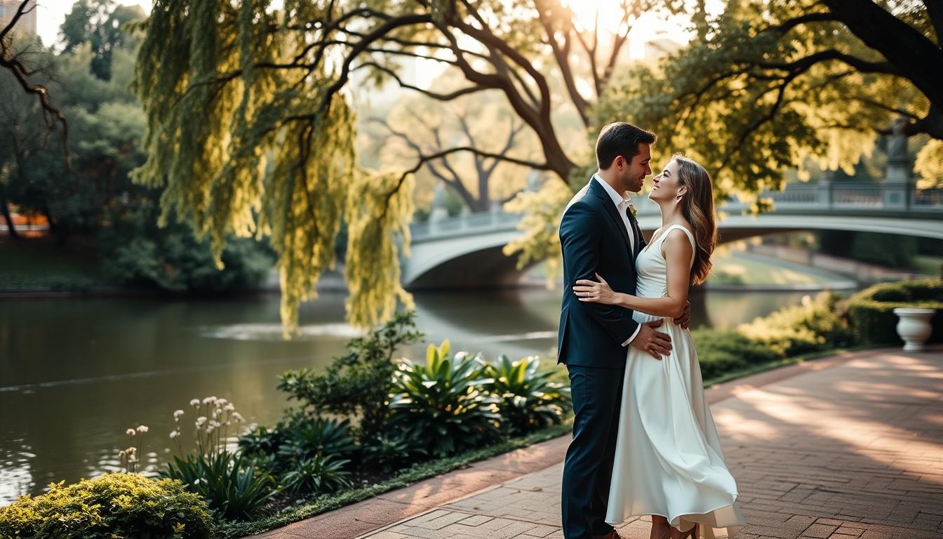 a romantic, picturesque outdoor scene in Central Park, New York City, with lush greenery, a serene lake, and a charming bridge in the background. In the foreground, a stylishly dressed couple poses for an engagement photo shoot, the woman wearing a flowing white dress and the man in a sharp suit. Soft, warm lighting filters through the trees, creating a cozy, intimate atmosphere. The couple stands close together, gazing lovingly into each other's eyes, their body language and expressions conveying the joy and excitement of their newfound engagement. The overall scene is a harmonious blend of nature, architecture, and the couple's affection, creating a timeless, artistically composed image. a romantic, picturesque outdoor scene in Central Park, New York City, with lush greenery, a serene lake, and a charming bridge in the background. In the foreground, a stylishly dressed couple poses for an engagement photo shoot, the woman wearing a flowing white dress and the man in a sharp suit. Soft, warm lighting filters through the trees, creating a cozy, intimate atmosphere. The couple stands close together, gazing lovingly into each other's eyes, their body language and expressions conveying the joy and excitement of their newfound engagement. The overall scene is a harmonious blend of nature, architecture, and the couple's affection, creating a timeless, artistically composed image.