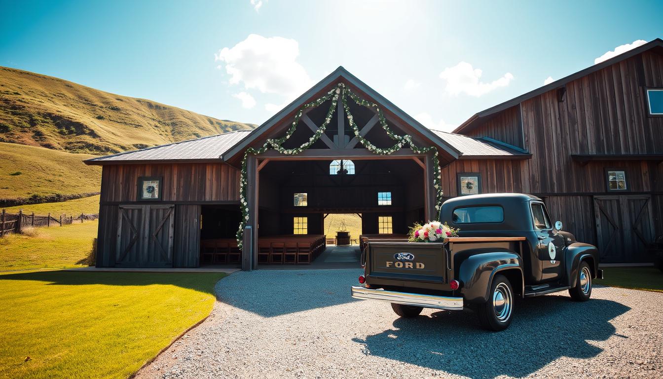 a rustic, weathered barn with a pitched roof and wooden siding, surrounded by rolling green hills and a cloudless blue sky. The barn's entrance is framed by a grand, decorative archway draped with delicate floral garlands. Sunlight filters through the windows, casting a warm, golden glow throughout the interior, which is filled with rows of wooden benches and a raised platform for the ceremony. In the foreground, a manicured lawn leads to a gravel path, where a vintage Ford truck is parked, its trunk open to reveal a display of fresh flowers. The overall scene conveys a sense of timeless elegance and natural beauty, perfectly capturing the charm of a Tennessee wedding venue. a rustic, weathered barn with a pitched roof and wooden siding, surrounded by rolling green hills and a cloudless blue sky. The barn's entrance is framed by a grand, decorative archway draped with delicate floral garlands. Sunlight filters through the windows, casting a warm, golden glow throughout the interior, which is filled with rows of wooden benches and a raised platform for the ceremony. In the foreground, a manicured lawn leads to a gravel path, where a vintage Ford truck is parked, its trunk open to reveal a display of fresh flowers. The overall scene conveys a sense of timeless elegance and natural beauty, perfectly capturing the charm of a Tennessee wedding venue.