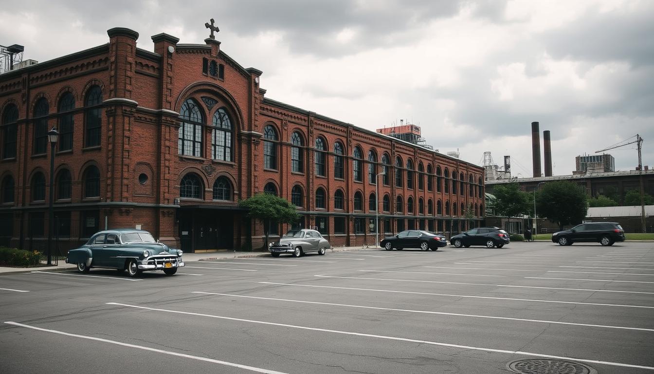 an industrial wedding venue in Brooklyn, New York, with a large parking lot in the foreground. The venue is housed in a historic brick building with tall arched windows and intricate architectural details. The parking lot is neatly paved with clearly marked spaces, with a few vintage cars and a few modern vehicles parked. The sky is overcast, casting a soft, moody light over the scene. In the background, there are some trees and other industrial buildings, adding to the urban, gritty aesthetic. The overall atmosphere conveys a sense of elegance and history, balanced with the practical considerations of transportation and parking for a wedding event. an industrial wedding venue in Brooklyn, New York, with a large parking lot in the foreground. The venue is housed in a historic brick building with tall arched windows and intricate architectural details. The parking lot is neatly paved with clearly marked spaces, with a few vintage cars and a few modern vehicles parked. The sky is overcast, casting a soft, moody light over the scene. In the background, there are some trees and other industrial buildings, adding to the urban, gritty aesthetic. The overall atmosphere conveys a sense of elegance and history, balanced with the practical considerations of transportation and parking for a wedding event.