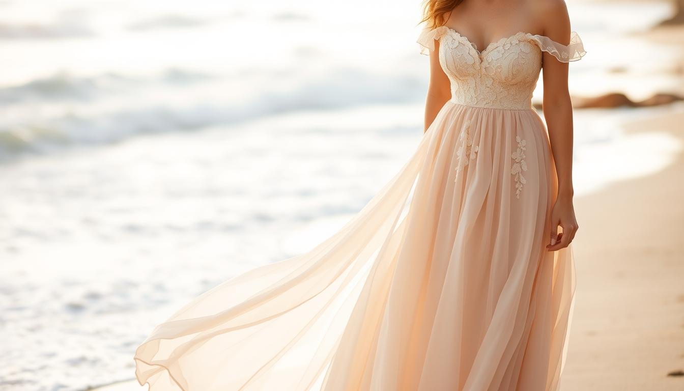 beach wedding attire, full-length flowing dress in a light, airy fabric like chiffon or lace, delicate floral embroidery or appliques, off-the-shoulder or spaghetti strap silhouette, gently cascading ruffles or pleats, neutral color palette such as soft pink, ivory, or champagne, outdoor seaside setting with gentle waves crashing, warm golden afternoon sunlight filtering through, soft focus blur in the background, romantic, elegant, ethereal atmosphere beach wedding attire, full-length flowing dress in a light, airy fabric like chiffon or lace, delicate floral embroidery or appliques, off-the-shoulder or spaghetti strap silhouette, gently cascading ruffles or pleats, neutral color palette such as soft pink, ivory, or champagne, outdoor seaside setting with gentle waves crashing, warm golden afternoon sunlight filtering through, soft focus blur in the background, romantic, elegant, ethereal atmosphere