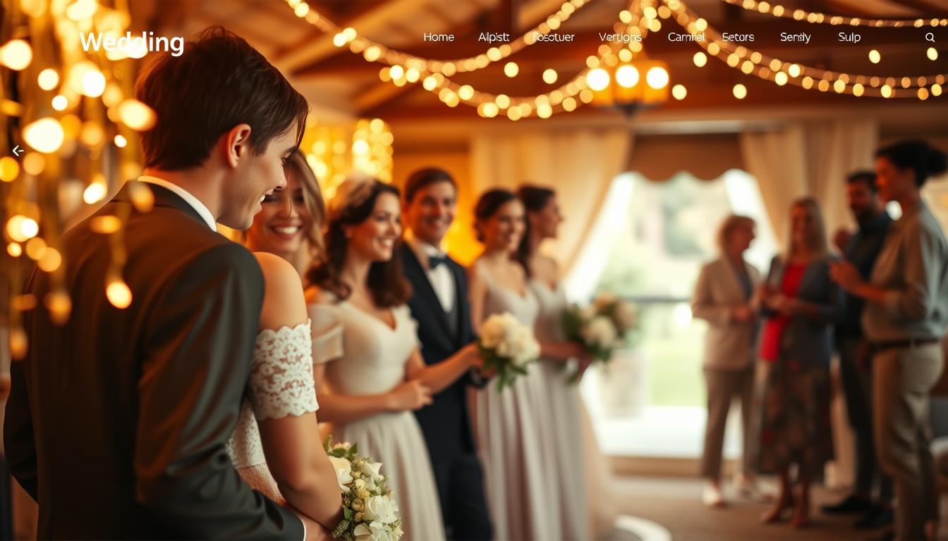 A beautifully designed wedding website, featuring a heartwarming image of a happy family and bridal party. In the foreground, a warm-lit close-up of the bride and groom, embracing amidst a cascade of fairy lights. The middle ground showcases the smiling bridal party, adorned in elegant attire, against a softly blurred backdrop. In the distance, a cozy gathering of family members, chatting and celebrating the joyous occasion. Soft, natural lighting illuminates the scene, creating a sense of intimacy and togetherness. The overall mood is one of love, happiness, and the cherished bonds of family and friendship. A beautifully designed wedding website, featuring a heartwarming image of a happy family and bridal party. In the foreground, a warm-lit close-up of the bride and groom, embracing amidst a cascade of fairy lights. The middle ground showcases the smiling bridal party, adorned in elegant attire, against a softly blurred backdrop. In the distance, a cozy gathering of family members, chatting and celebrating the joyous occasion. Soft, natural lighting illuminates the scene, creating a sense of intimacy and togetherness. The overall mood is one of love, happiness, and the cherished bonds of family and friendship.