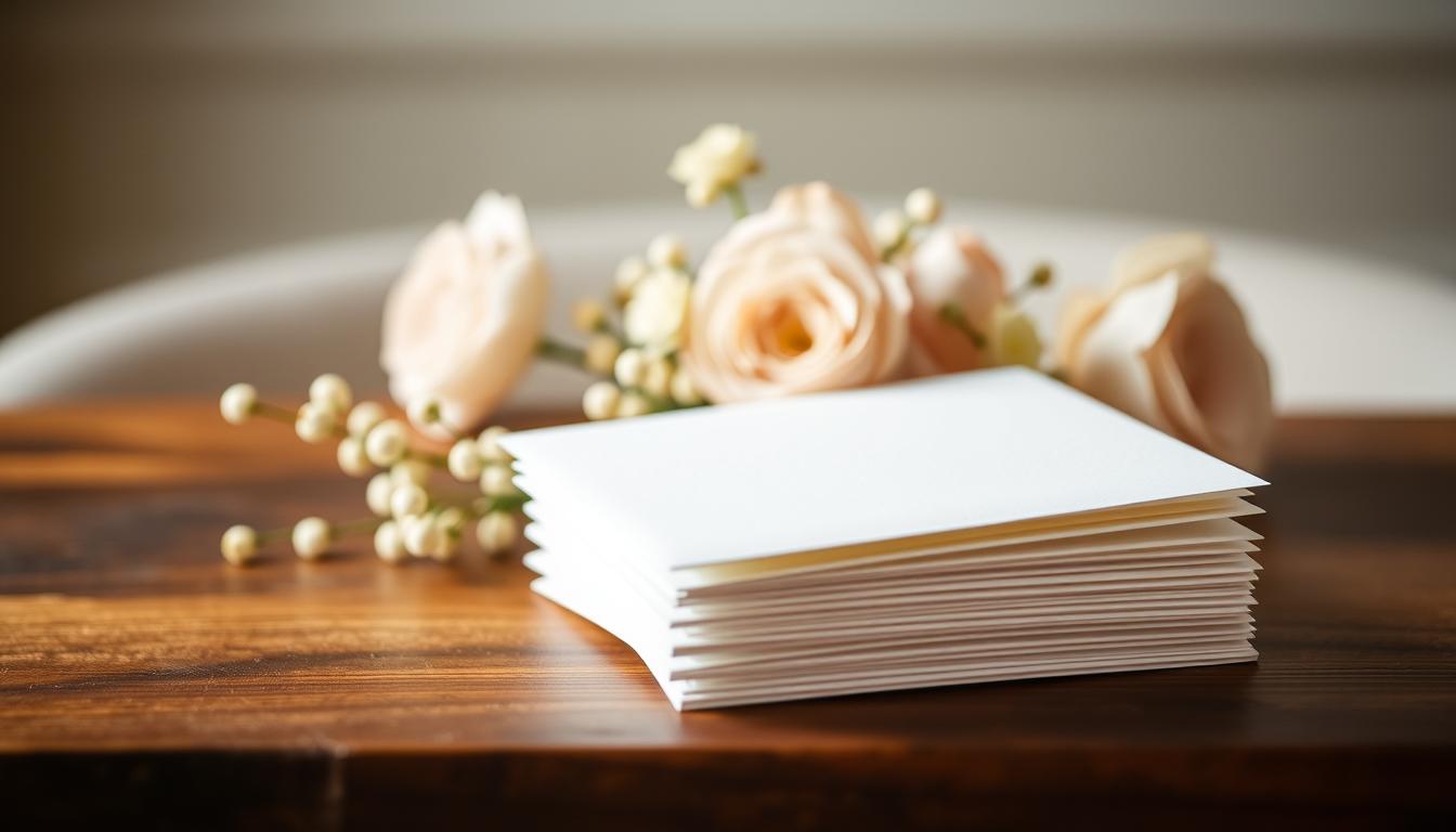 A beautifully lit, elegantly composed scene depicting the ideal timing for sending save the date cards. In the foreground, a stack of crisp, white envelopes sits atop a richly textured, wooden tabletop, their edges gilded with a warm, golden hue. Behind them, a delicate, floral arrangement in soft, pastel tones adds a touch of organic elegance. The background is gently blurred, allowing the viewer to focus on the save the date cards as the central focus. The lighting is soft and diffused, creating a sense of timeless sophistication. The overall mood is one of refined simplicity, subtly conveying the importance of sending save the dates well in advance of the wedding day.