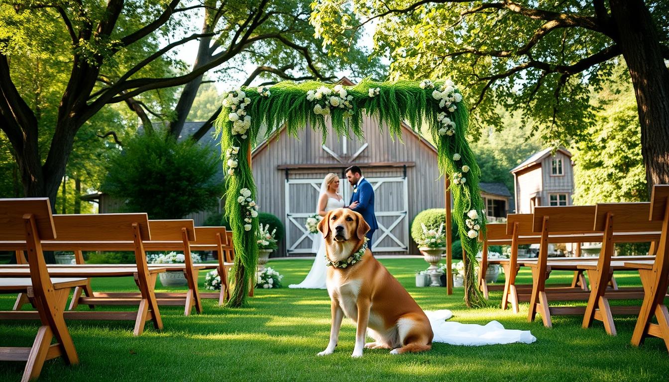 A bright, airy pet-friendly wedding venue, with a lush garden and a rustic barn in the background. In the foreground, a beautifully decorated outdoor ceremony area with wooden benches and an archway adorned with flowing greenery. A well-groomed dog sits patiently beside the bride and groom, wearing a flower collar that matches the wedding decor. Warm, natural lighting filters through the trees, creating a romantic, relaxed atmosphere. The venue exudes a welcoming, cozy vibe that invites both human and canine guests to celebrate the special occasion. A bright, airy pet-friendly wedding venue, with a lush garden and a rustic barn in the background. In the foreground, a beautifully decorated outdoor ceremony area with wooden benches and an archway adorned with flowing greenery. A well-groomed dog sits patiently beside the bride and groom, wearing a flower collar that matches the wedding decor. Warm, natural lighting filters through the trees, creating a romantic, relaxed atmosphere. The venue exudes a welcoming, cozy vibe that invites both human and canine guests to celebrate the special occasion.