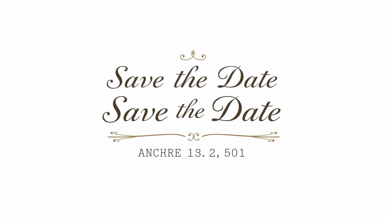 A classic save the date card with a crisp, elegant design. In the center, two names are displayed in an ornate, calligraphic font, arranged in a traditional order that reflects established etiquette. The background is a soft, muted color palette, perhaps a light gray or beige, creating a timeless and sophisticated ambiance. The overall composition has a balanced, symmetrical layout, with attention to detail in the typographic treatment and gentle drop shadows that add depth. Subtle flourishes, such as delicate floral or geometric patterns, frame the names, lending an air of refinement. Soft, diffused lighting from an upper angle casts gentle shadows, evoking a sense of formality and ceremony befitting the occasion. A classic save the date card with a crisp, elegant design. In the center, two names are displayed in an ornate, calligraphic font, arranged in a traditional order that reflects established etiquette. The background is a soft, muted color palette, perhaps a light gray or beige, creating a timeless and sophisticated ambiance. The overall composition has a balanced, symmetrical layout, with attention to detail in the typographic treatment and gentle drop shadows that add depth. Subtle flourishes, such as delicate floral or geometric patterns, frame the names, lending an air of refinement. Soft, diffused lighting from an upper angle casts gentle shadows, evoking a sense of formality and ceremony befitting the occasion.