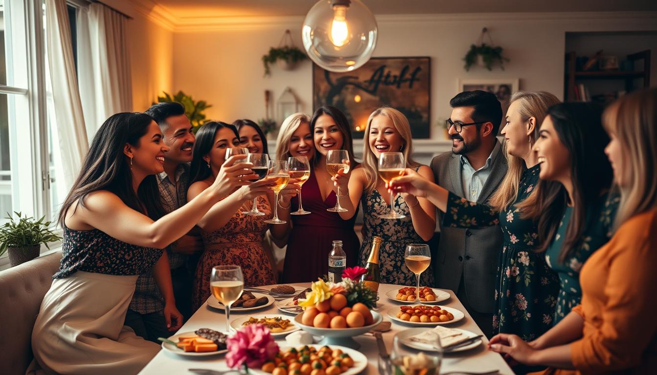 A cozy, intimate gathering of close friends and their partners, dressed in a mix of casual elegance and vibrant attire, gathered around a beautifully decorated table. Soft, warm lighting casts a welcoming glow, setting the mood for lively conversation and joyful celebration. In the foreground, a group of stylishly dressed individuals, their faces animated with smiles and laughter, raise their glasses in a toast. In the middle ground, a spread of delectable hors d'oeuvres and refreshments, beautifully presented, invites guests to indulge. The background features a tastefully decorated space, with hints of personalized touches that reflect the hosts' style and the special occasion. An atmosphere of warmth, camaraderie, and shared happiness permeates the scene. A cozy, intimate gathering of close friends and their partners, dressed in a mix of casual elegance and vibrant attire, gathered around a beautifully decorated table. Soft, warm lighting casts a welcoming glow, setting the mood for lively conversation and joyful celebration. In the foreground, a group of stylishly dressed individuals, their faces animated with smiles and laughter, raise their glasses in a toast. In the middle ground, a spread of delectable hors d'oeuvres and refreshments, beautifully presented, invites guests to indulge. The background features a tastefully decorated space, with hints of personalized touches that reflect the hosts' style and the special occasion. An atmosphere of warmth, camaraderie, and shared happiness permeates the scene.