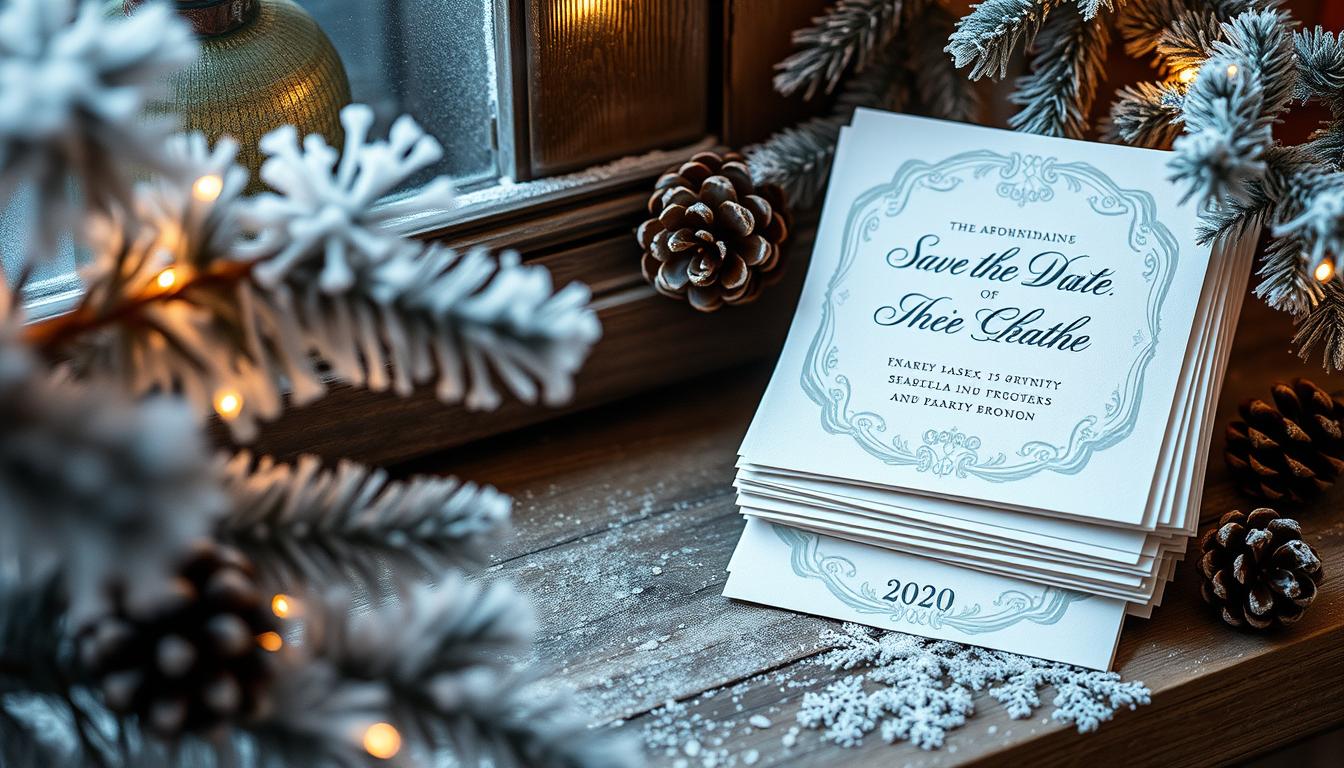 A cozy winter scene with a stack of elegant, handmade save the date cards. Frosted pine branches and pinecones frame the cards, which feature intricate snowflake designs and a muted color palette of blues, whites, and grays. Soft, warm lighting illuminates the delicate textures and creates a serene, intimate atmosphere. The cards are arranged on a wooden surface, perhaps a rustic table or windowsill, hinting at the charming, wintry wedding to come. A subtle, frosty mist or light snowfall adds to the enchanting, winter wonderland aesthetic. A cozy winter scene with a stack of elegant, handmade save the date cards. Frosted pine branches and pinecones frame the cards, which feature intricate snowflake designs and a muted color palette of blues, whites, and grays. Soft, warm lighting illuminates the delicate textures and creates a serene, intimate atmosphere. The cards are arranged on a wooden surface, perhaps a rustic table or windowsill, hinting at the charming, wintry wedding to come. A subtle, frosty mist or light snowfall adds to the enchanting, winter wonderland aesthetic.