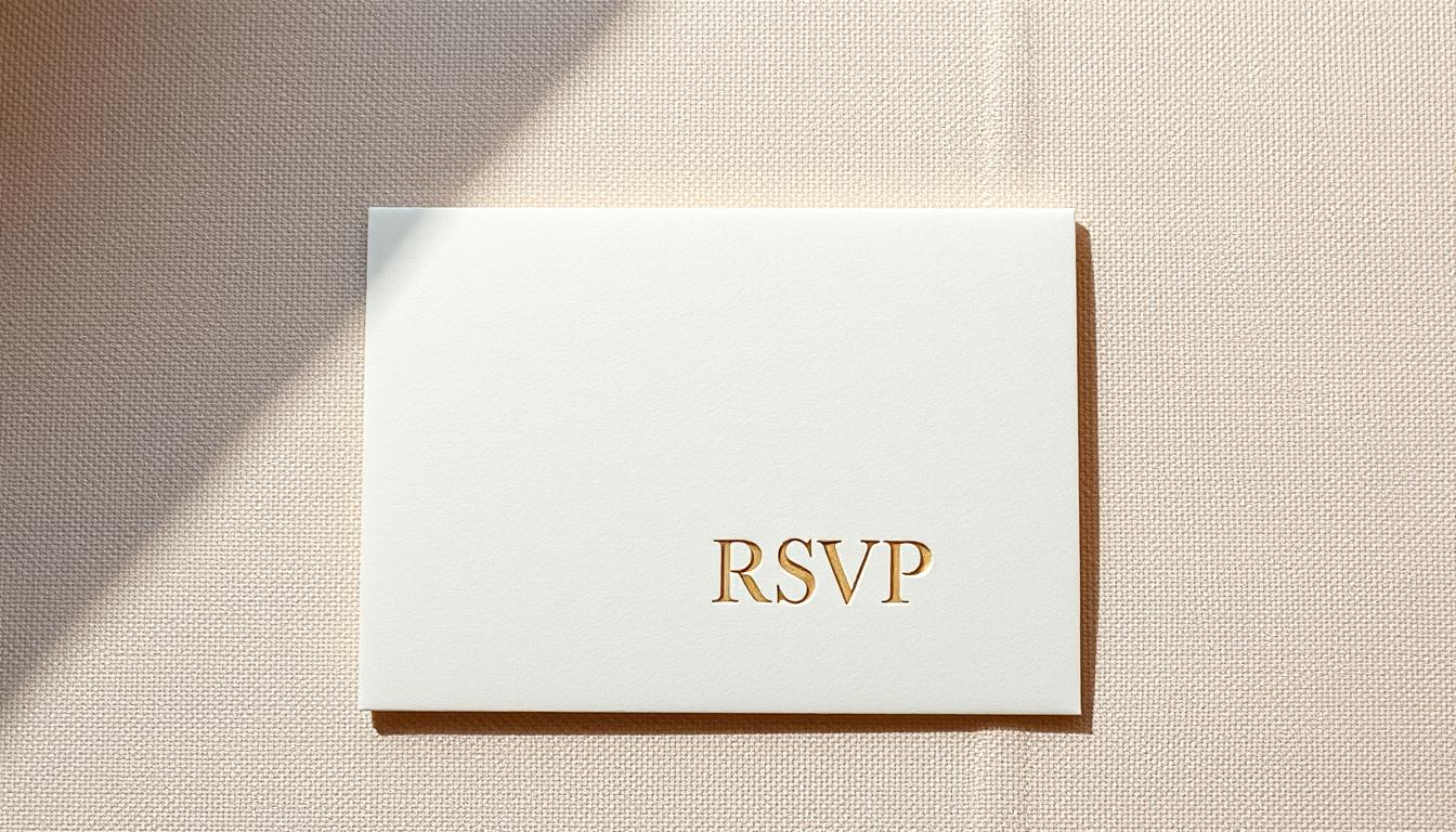 A crisp, elegant save the date card featuring an embossed "RSVP" text in the lower right corner. The card is set against a soft, textured background with a subtle pattern, creating a refined and formal atmosphere. Warm, natural lighting illuminates the card from the top left, casting gentle shadows and highlighting the intricate details. The composition places the card in the center, allowing ample negative space to draw the viewer's attention. The overall mood is one of timeless sophistication, perfectly suited to convey the importance of the RSVP request on a save the date. A crisp, elegant save the date card featuring an embossed "RSVP" text in the lower right corner. The card is set against a soft, textured background with a subtle pattern, creating a refined and formal atmosphere. Warm, natural lighting illuminates the card from the top left, casting gentle shadows and highlighting the intricate details. The composition places the card in the center, allowing ample negative space to draw the viewer's attention. The overall mood is one of timeless sophistication, perfectly suited to convey the importance of the RSVP request on a save the date.