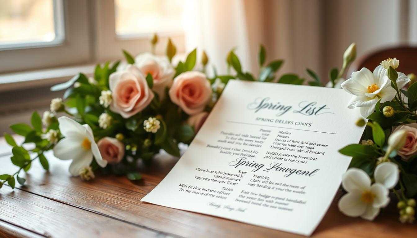 A delicate spring wedding guest list, hand-written in elegant calligraphy on a soft cream-colored paper. The page is placed on a wooden table, surrounded by lush greenery, pastel flowers, and a subtle ray of warm, diffused sunlight filtering through a window. The overall mood is one of refinement, anticipation, and the joyful spirit of a new beginning. A delicate spring wedding guest list, hand-written in elegant calligraphy on a soft cream-colored paper. The page is placed on a wooden table, surrounded by lush greenery, pastel flowers, and a subtle ray of warm, diffused sunlight filtering through a window. The overall mood is one of refinement, anticipation, and the joyful spirit of a new beginning.