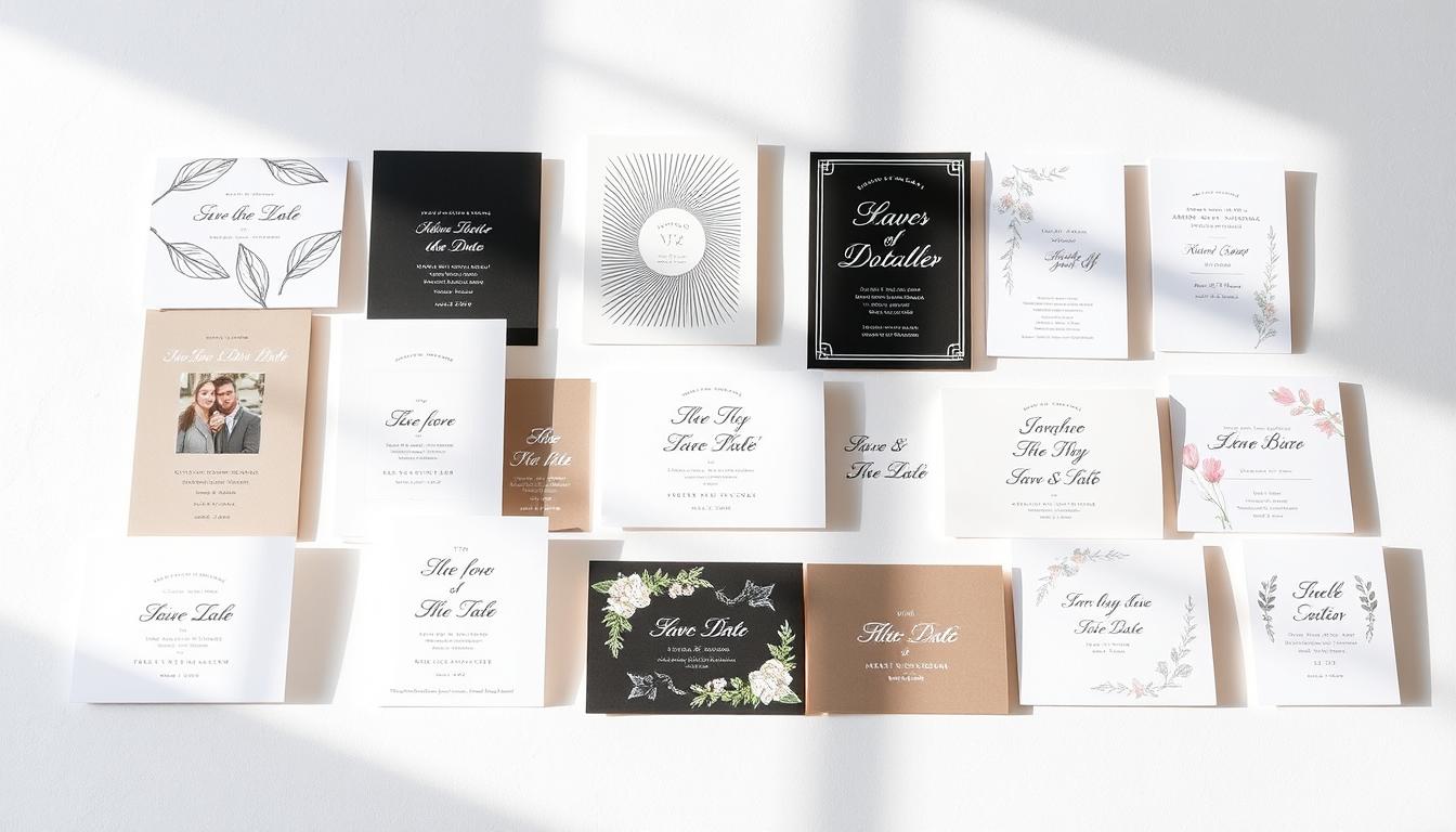 A elegant array of stylish save the date cards, displayed on a pristine white background, illuminated by soft, diffused natural lighting. The cards feature a variety of sophisticated designs, from minimalist monochrome patterns to delicate floral motifs, each exuding a sense of timeless sophistication. The cards are arranged in a visually pleasing composition, allowing the viewer to appreciate the nuanced details and varied textures of the various offerings. The overall mood is one of refined simplicity, highlighting the quality and craftsmanship of the save the date cards as potential options for an upcoming event. A elegant array of stylish save the date cards, displayed on a pristine white background, illuminated by soft, diffused natural lighting. The cards feature a variety of sophisticated designs, from minimalist monochrome patterns to delicate floral motifs, each exuding a sense of timeless sophistication. The cards are arranged in a visually pleasing composition, allowing the viewer to appreciate the nuanced details and varied textures of the various offerings. The overall mood is one of refined simplicity, highlighting the quality and craftsmanship of the save the date cards as potential options for an upcoming event.