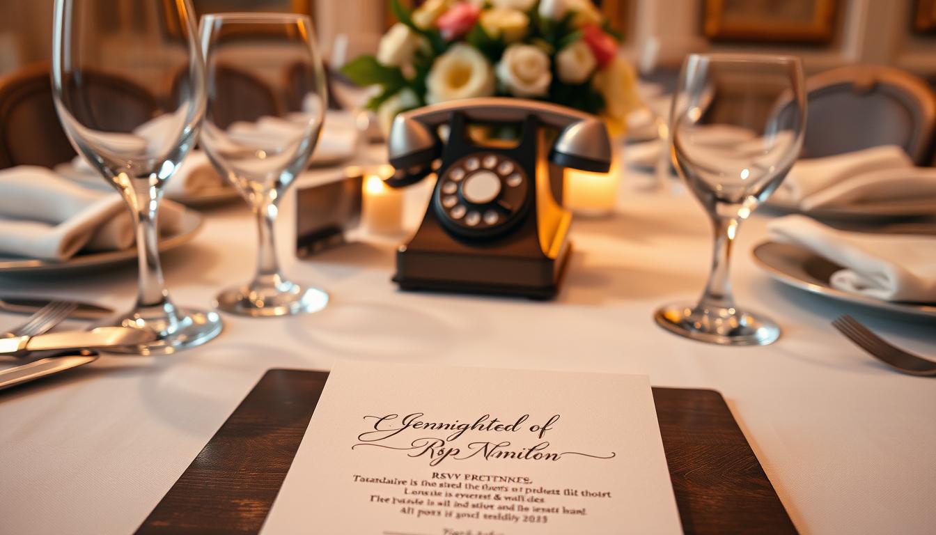 A formal table setting with elegant dinnerware, crystal stemware, and crisp white linens. In the foreground, a beautifully crafted invitation card with elegant calligraphy, resting atop a dark wood surface. Soft, warm lighting casts a refined ambiance, highlighting the timeless etiquette and attention to detail expected in traditional RSVP practices. The middle ground features a vintage rotary telephone, a nod to the formality of past communication methods. In the background, a tasteful floral arrangement adds a touch of sophistication. Capture the essence of classic RSVP etiquette in a visually striking and visually appealing manner. A formal table setting with elegant dinnerware, crystal stemware, and crisp white linens. In the foreground, a beautifully crafted invitation card with elegant calligraphy, resting atop a dark wood surface. Soft, warm lighting casts a refined ambiance, highlighting the timeless etiquette and attention to detail expected in traditional RSVP practices. The middle ground features a vintage rotary telephone, a nod to the formality of past communication methods. In the background, a tasteful floral arrangement adds a touch of sophistication. Capture the essence of classic RSVP etiquette in a visually striking and visually appealing manner.