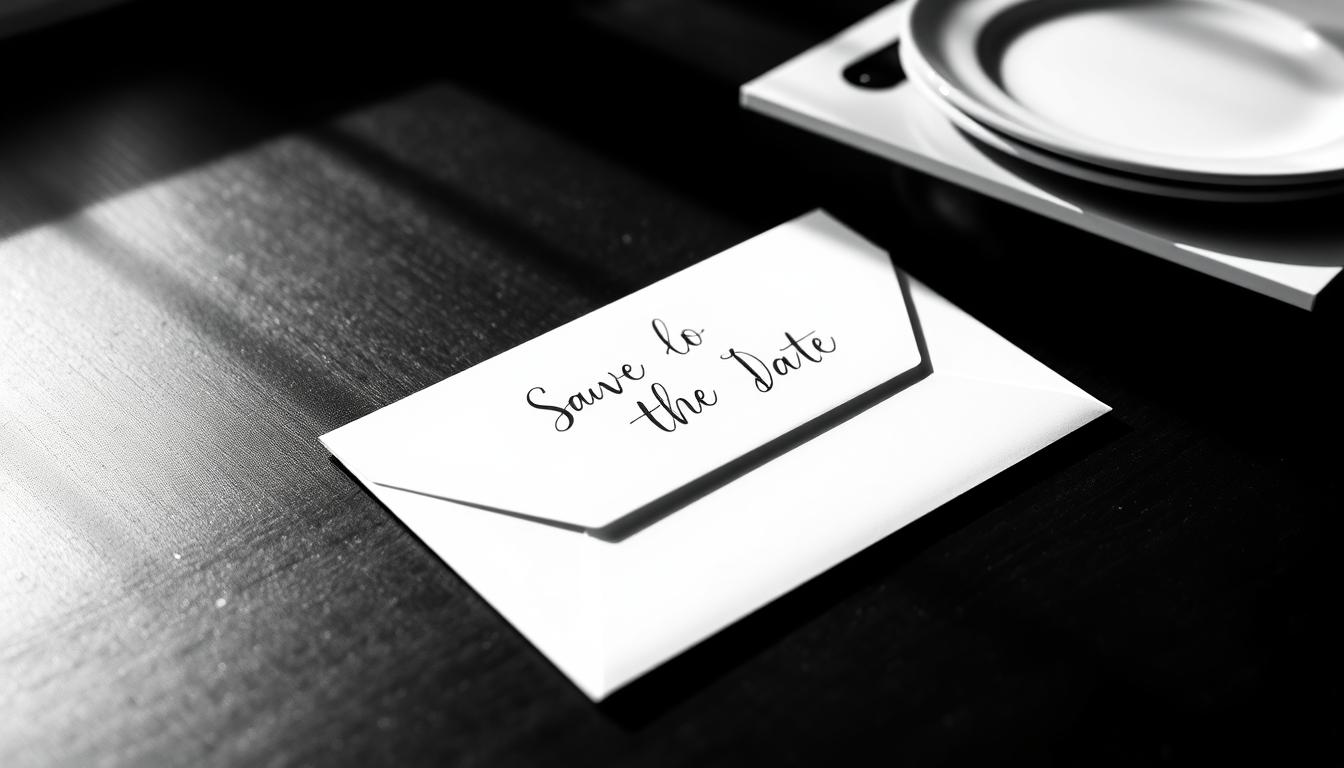 A formal, traditional save the date payment in crisp, high-contrast black and white. A rectangular envelope lies on a dark wooden table, its pristine white surface accentuated by the dramatic lighting. Elegant calligraphic script adorns the envelope, conveying an air of sophistication and timelessness. The scene is bathed in soft, directional lighting, casting subtle shadows that add depth and dimension. The overall mood is one of elegance, simplicity, and the anticipation of a momentous occasion. A formal, traditional save the date payment in crisp, high-contrast black and white. A rectangular envelope lies on a dark wooden table, its pristine white surface accentuated by the dramatic lighting. Elegant calligraphic script adorns the envelope, conveying an air of sophistication and timelessness. The scene is bathed in soft, directional lighting, casting subtle shadows that add depth and dimension. The overall mood is one of elegance, simplicity, and the anticipation of a momentous occasion.