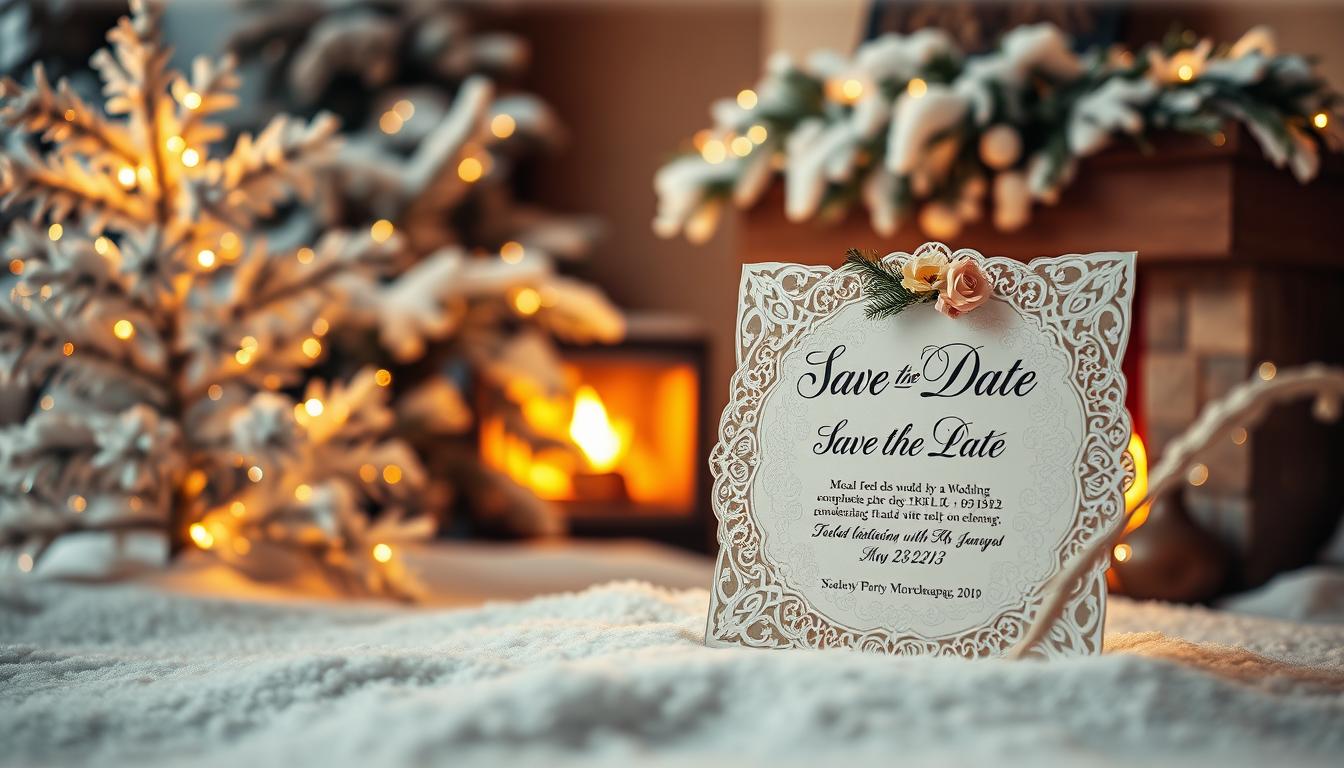 A gorgeous winter wonderland scene featuring an elegant save the date card with intricate lace detailing and a delicate floral arrangement. The card is set against a backdrop of sparkling snow-covered pine trees, with a warm glow from a cozy fireplace visible in the distance. Soft, diffused lighting casts a magical, intimate atmosphere, while a subtle vignette effect draws the eye to the central design. The overall composition evokes the charm and romance of a cozy, winter wedding celebration. A gorgeous winter wonderland scene featuring an elegant save the date card with intricate lace detailing and a delicate floral arrangement. The card is set against a backdrop of sparkling snow-covered pine trees, with a warm glow from a cozy fireplace visible in the distance. Soft, diffused lighting casts a magical, intimate atmosphere, while a subtle vignette effect draws the eye to the central design. The overall composition evokes the charm and romance of a cozy, winter wedding celebration.