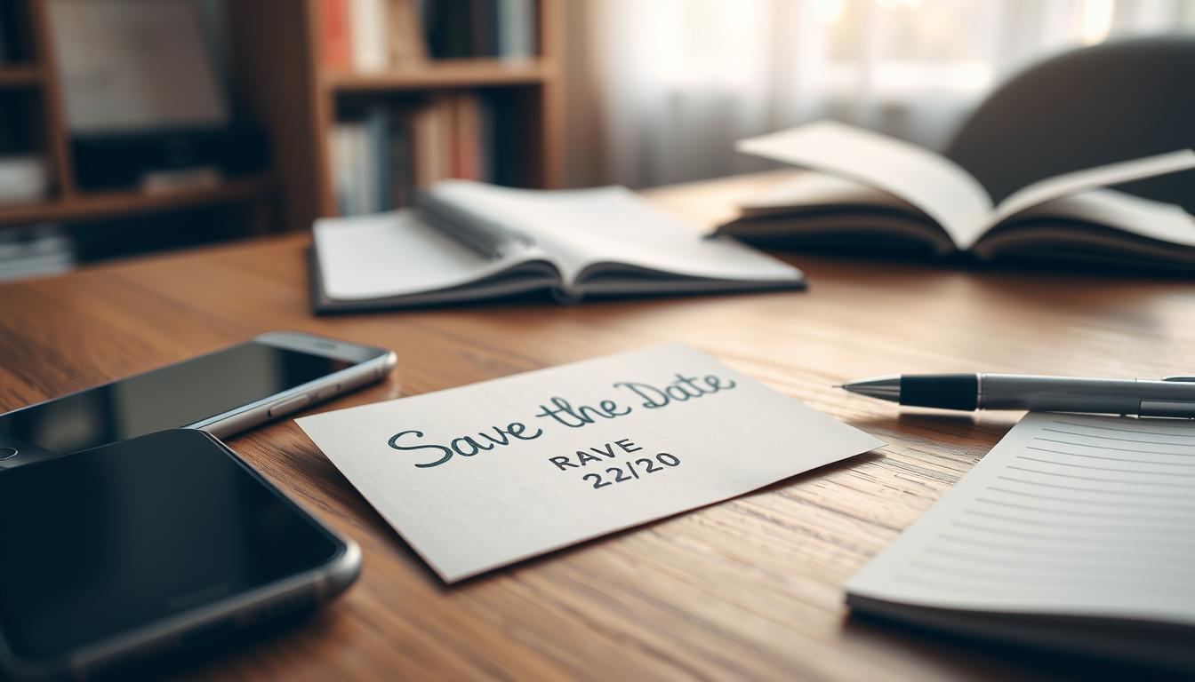 A handwritten "Save the Date" card on a wooden table, accompanied by a pen, a smartphone, and an open notebook. The card is slightly worn, conveying a sense of importance. The table is illuminated by soft, natural lighting from a window, casting a warm glow. In the background, a blurred bookshelf or other office decor, hinting at a professional or personal workspace. The overall scene evokes a thoughtful, focused atmosphere, suggesting the process of following up on RSVP responses. A handwritten "Save the Date" card on a wooden table, accompanied by a pen, a smartphone, and an open notebook. The card is slightly worn, conveying a sense of importance. The table is illuminated by soft, natural lighting from a window, casting a warm glow. In the background, a blurred bookshelf or other office decor, hinting at a professional or personal workspace. The overall scene evokes a thoughtful, focused atmosphere, suggesting the process of following up on RSVP responses.