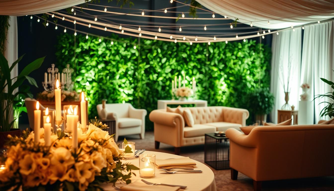 A lavishly decorated engagement party setting, bathed in warm, soft lighting. In the foreground, a table adorned with an elegant floral centerpiece, candles, and delicate tableware. In the middle ground, stylish furniture pieces, like plush couches and armchairs, create a cozy, intimate atmosphere. The background features lush greenery, string lights, and subtle decorative accents that evoke a sense of romance and celebration. The overall ambiance is one of refined elegance, subtle opulence, and joyful anticipation, perfectly capturing the essence of an engagement party. A lavishly decorated engagement party setting, bathed in warm, soft lighting. In the foreground, a table adorned with an elegant floral centerpiece, candles, and delicate tableware. In the middle ground, stylish furniture pieces, like plush couches and armchairs, create a cozy, intimate atmosphere. The background features lush greenery, string lights, and subtle decorative accents that evoke a sense of romance and celebration. The overall ambiance is one of refined elegance, subtle opulence, and joyful anticipation, perfectly capturing the essence of an engagement party.