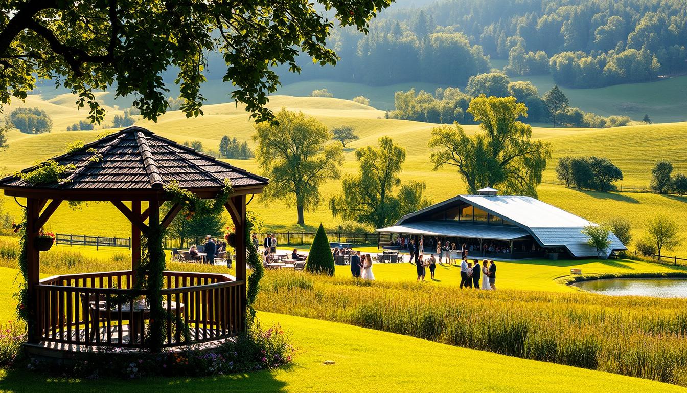 A lush, verdant outdoor wedding venue nestled among rolling hills, with a serene lake reflecting the surrounding nature. In the foreground, a picturesque wooden gazebo adorned with cascading vines and vibrant wildflowers. In the middle ground, guests mingle on a sprawling lawn, surrounded by towering trees that filter the warm, golden sunlight. In the background, a modern, energy-efficient event center blends seamlessly with the landscape, its sleek, eco-friendly design emphasizing sustainability. The overall atmosphere is one of tranquility, harmony, and a deep connection to the natural world. A lush, verdant outdoor wedding venue nestled among rolling hills, with a serene lake reflecting the surrounding nature. In the foreground, a picturesque wooden gazebo adorned with cascading vines and vibrant wildflowers. In the middle ground, guests mingle on a sprawling lawn, surrounded by towering trees that filter the warm, golden sunlight. In the background, a modern, energy-efficient event center blends seamlessly with the landscape, its sleek, eco-friendly design emphasizing sustainability. The overall atmosphere is one of tranquility, harmony, and a deep connection to the natural world.