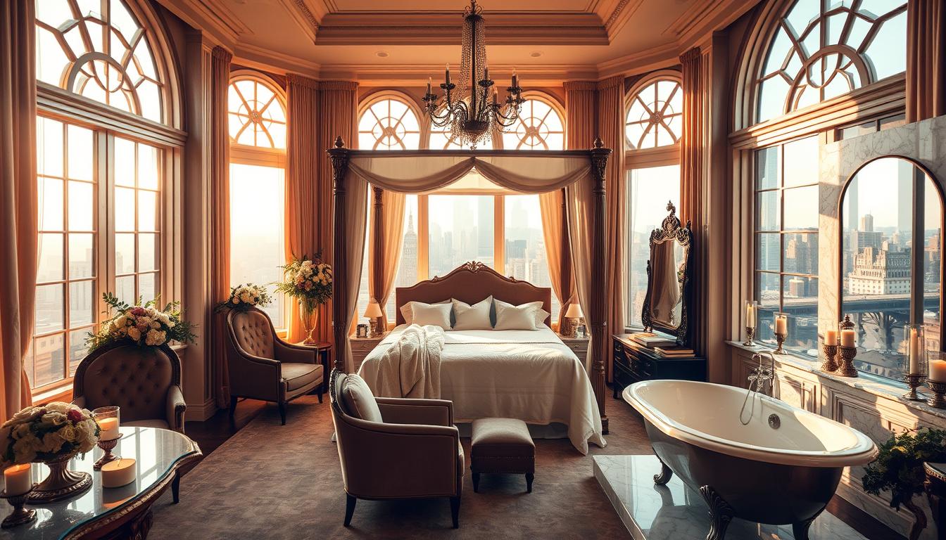 A luxurious and spacious bridal suite in the heart of New York City, bathed in warm, golden light filtering through large, ornate windows. The suite features a grand, four-poster bed draped in fine linens, plush velvet armchairs, and a lavish marble bathroom with a clawfoot tub. Elegant floral arrangements and candles set a serene, intimate atmosphere. In the background, the iconic skyline of Manhattan can be seen through the windows, creating a stunning, urban backdrop. The image conveys a sense of opulence, comfort, and the perfect setting for a bride to prepare for her special day. A luxurious and spacious bridal suite in the heart of New York City, bathed in warm, golden light filtering through large, ornate windows. The suite features a grand, four-poster bed draped in fine linens, plush velvet armchairs, and a lavish marble bathroom with a clawfoot tub. Elegant floral arrangements and candles set a serene, intimate atmosphere. In the background, the iconic skyline of Manhattan can be seen through the windows, creating a stunning, urban backdrop. The image conveys a sense of opulence, comfort, and the perfect setting for a bride to prepare for her special day.