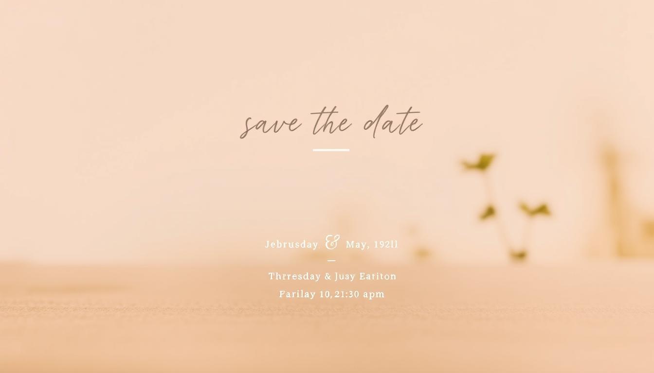 A modern, minimalist digital save the date design, rendered in a warm, muted color palette. The foreground features a sleek, geometric layout with clean typography showcasing the event details. In the middle ground, a subtle blurred background depicts a serene nature scene, with soft light and a hint of foliage. The overall composition conveys a sense of understated elegance and cost-effective digital presentation. Captured with a wide-angle lens to emphasize the simplicity and balance of the design. A modern, minimalist digital save the date design, rendered in a warm, muted color palette. The foreground features a sleek, geometric layout with clean typography showcasing the event details. In the middle ground, a subtle blurred background depicts a serene nature scene, with soft light and a hint of foliage. The overall composition conveys a sense of understated elegance and cost-effective digital presentation. Captured with a wide-angle lens to emphasize the simplicity and balance of the design.
