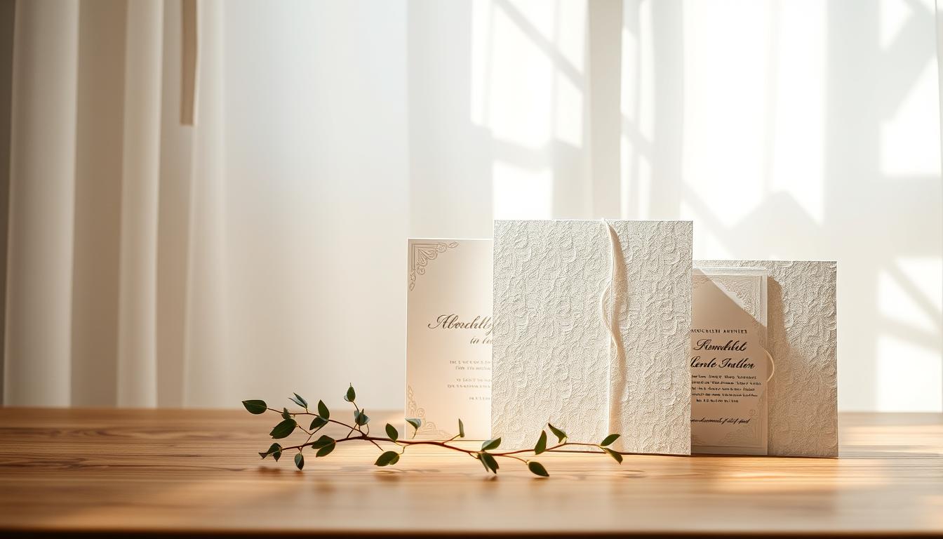 A pristine set of custom wedding invitations against a soft, ethereal backdrop. The elegant stationery features a delicate floral motif, tactile textured paper, and a calligraphic script in muted tones. Rays of natural light stream through a large window, casting a warm, romantic glow upon the scene. The invitations are artfully arranged on a minimalist, wooden table, with a sprig of greenery adding a touch of organic elegance. The overall mood is one of understated sophistication, evoking the essence of a bespoke, high-quality wedding invitation ordering experience. A pristine set of custom wedding invitations against a soft, ethereal backdrop. The elegant stationery features a delicate floral motif, tactile textured paper, and a calligraphic script in muted tones. Rays of natural light stream through a large window, casting a warm, romantic glow upon the scene. The invitations are artfully arranged on a minimalist, wooden table, with a sprig of greenery adding a touch of organic elegance. The overall mood is one of understated sophistication, evoking the essence of a bespoke, high-quality wedding invitation ordering experience.
