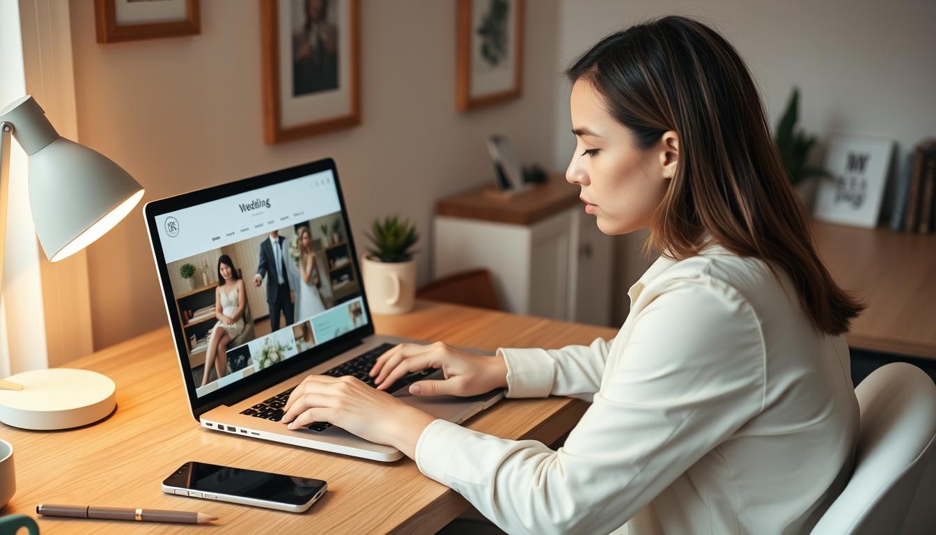 A professional web designer sitting at a desk, carefully updating a wedding website on a modern laptop. Surrounded by a tasteful home office setup with minimalist decor, warm lighting, and a plant or two. The designer's hands are poised over the keyboard, brow furrowed in concentration as they make thoughtful changes to the website's layout and content. A sense of focus and attention to detail pervades the scene, reflecting the importance of communicating effectively with wedding guests during this delicate rescheduling process. A professional web designer sitting at a desk, carefully updating a wedding website on a modern laptop. Surrounded by a tasteful home office setup with minimalist decor, warm lighting, and a plant or two. The designer's hands are poised over the keyboard, brow furrowed in concentration as they make thoughtful changes to the website's layout and content. A sense of focus and attention to detail pervades the scene, reflecting the importance of communicating effectively with wedding guests during this delicate rescheduling process.
