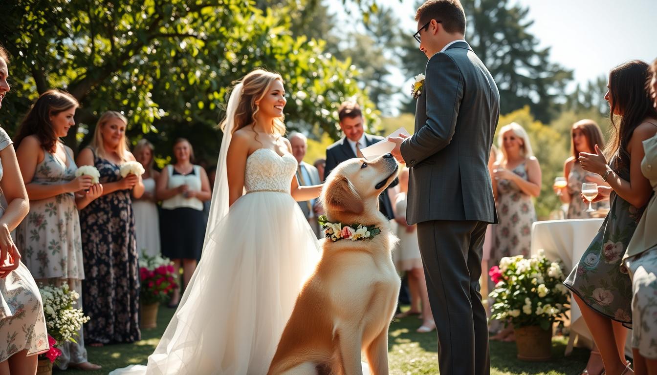 A romantic, sun-dappled outdoor wedding scene, with a happy couple exchanging vows as their beloved dog sits obediently by their side. The bride and groom are casually dressed, surrounded by lush greenery and blooming flowers. Their canine companion, a golden retriever, wears a delicate floral collar, wagging its tail excitedly. In the background, guests mingle, some petting the dog, others sipping beverages and chatting. The atmosphere is warm, joyful, and relaxed, capturing the essence of a pet-friendly wedding celebration. A romantic, sun-dappled outdoor wedding scene, with a happy couple exchanging vows as their beloved dog sits obediently by their side. The bride and groom are casually dressed, surrounded by lush greenery and blooming flowers. Their canine companion, a golden retriever, wears a delicate floral collar, wagging its tail excitedly. In the background, guests mingle, some petting the dog, others sipping beverages and chatting. The atmosphere is warm, joyful, and relaxed, capturing the essence of a pet-friendly wedding celebration.