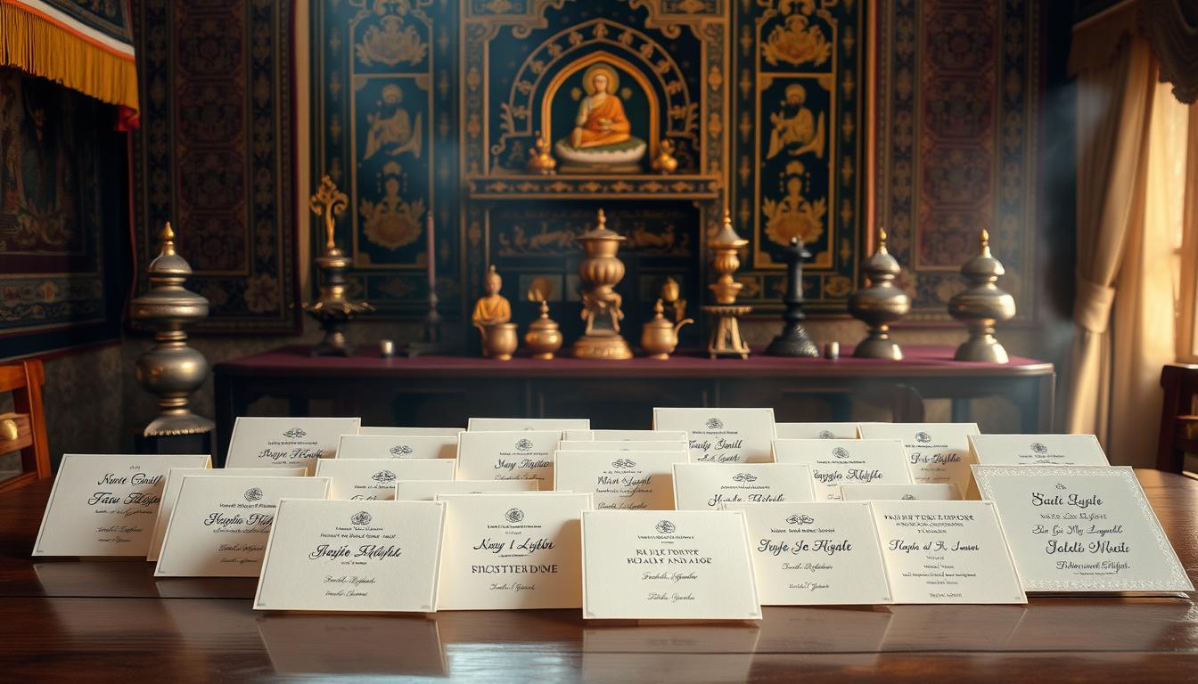 A serene and ornate setting, with intricate tapestries, incense burners, and religious iconography adorning a wooden table. In the foreground, a diverse array of save-the-date cards in various scripts and languages, reflecting the cultural and religious diversity of the guests. Soft, warm lighting bathes the scene, creating a contemplative and reverent atmosphere. The cards are arranged thoughtfully, suggesting the careful consideration of traditions and customs when crafting the wording. The overall composition evokes a sense of harmony, balance, and respect for the varied backgrounds of the wedding party. A serene and ornate setting, with intricate tapestries, incense burners, and religious iconography adorning a wooden table. In the foreground, a diverse array of save-the-date cards in various scripts and languages, reflecting the cultural and religious diversity of the guests. Soft, warm lighting bathes the scene, creating a contemplative and reverent atmosphere. The cards are arranged thoughtfully, suggesting the careful consideration of traditions and customs when crafting the wording. The overall composition evokes a sense of harmony, balance, and respect for the varied backgrounds of the wedding party.