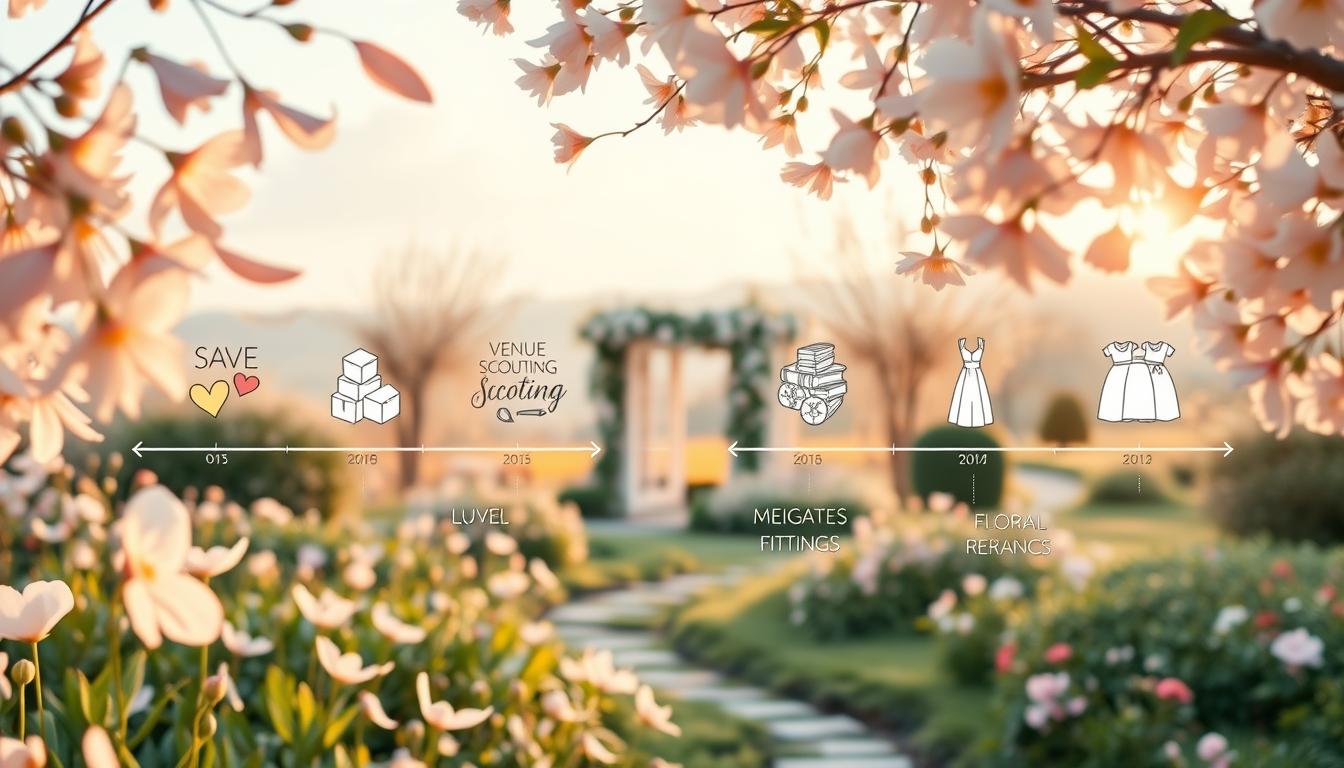 A serene spring garden in soft pastels, with a timeline of wedding preparations unfurling through the scene. In the foreground, delicate flower petals flutter in a gentle breeze, framing a series of illustrated vignettes - save the dates, venue scouting, dress fittings, and floral arrangements. The middle ground features a picturesque gazebo draped in fragrant vines, while the background showcases a lush, blooming landscape with a hint of a winding path. Warm, golden lighting casts a romantic glow, and the composition is balanced with a harmonious color palette of pinks, greens, and soft blues. The overall mood is one of tranquility and joyful anticipation, reflecting the ideal timeline for a spring wedding. A serene spring garden in soft pastels, with a timeline of wedding preparations unfurling through the scene. In the foreground, delicate flower petals flutter in a gentle breeze, framing a series of illustrated vignettes - save the dates, venue scouting, dress fittings, and floral arrangements. The middle ground features a picturesque gazebo draped in fragrant vines, while the background showcases a lush, blooming landscape with a hint of a winding path. Warm, golden lighting casts a romantic glow, and the composition is balanced with a harmonious color palette of pinks, greens, and soft blues. The overall mood is one of tranquility and joyful anticipation, reflecting the ideal timeline for a spring wedding.
