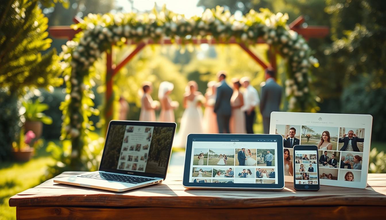 A serene, sun-dappled garden setting with a wooden wedding arch draped in lush greenery and delicate flowers. In the foreground, a collection of sleek, modern digital devices - a laptop, tablet, and smartphone - arranged artfully on a rustic wooden table, showcasing various wedding website templates and photo album layouts. The middle ground features a dreamy, blurred background of guests mingling and taking photographs, capturing the joy and celebration of the occasion. Warm, soft lighting filters through the scene, creating a cozy, intimate atmosphere. The overall composition conveys a sense of effortless elegance and the seamless integration of technology into the timeless traditions of a wedding. A serene, sun-dappled garden setting with a wooden wedding arch draped in lush greenery and delicate flowers. In the foreground, a collection of sleek, modern digital devices - a laptop, tablet, and smartphone - arranged artfully on a rustic wooden table, showcasing various wedding website templates and photo album layouts. The middle ground features a dreamy, blurred background of guests mingling and taking photographs, capturing the joy and celebration of the occasion. Warm, soft lighting filters through the scene, creating a cozy, intimate atmosphere. The overall composition conveys a sense of effortless elegance and the seamless integration of technology into the timeless traditions of a wedding.