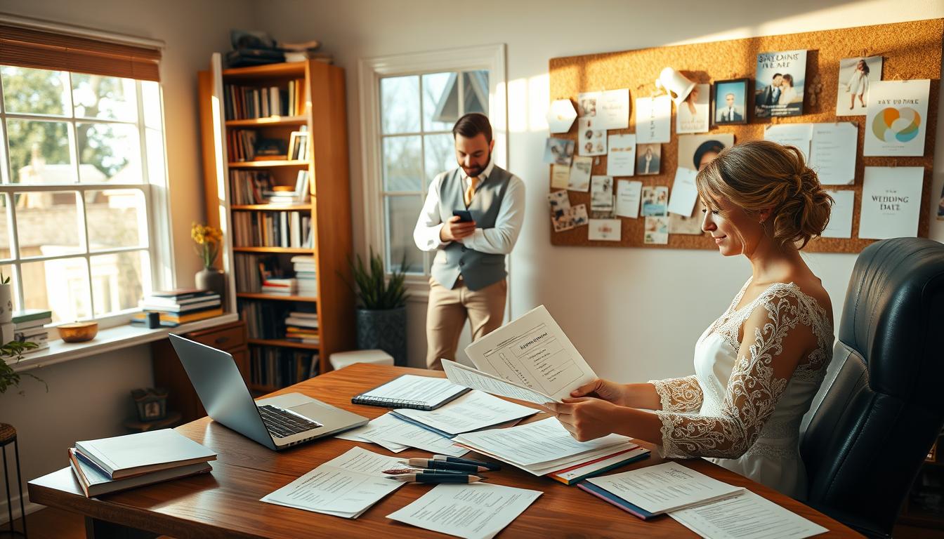 A serene, sun-dappled wedding planning session in a cozy home office. In the foreground, a bride-to-be sits at a wooden desk, carefully reviewing checklists and vendor contracts, surrounded by scattered notes and a laptop. In the middle ground, her fiancé stands by the window, gazing outside pensively, phone in hand. The background showcases a bookshelf filled with wedding planning guides and a corkboard adorned with Save the Date cards, swatches, and inspirational images. The scene is bathed in warm, natural lighting, conveying a sense of tranquility and focus as the couple navigates the intricate process of wedding preparation. A serene, sun-dappled wedding planning session in a cozy home office. In the foreground, a bride-to-be sits at a wooden desk, carefully reviewing checklists and vendor contracts, surrounded by scattered notes and a laptop. In the middle ground, her fiancé stands by the window, gazing outside pensively, phone in hand. The background showcases a bookshelf filled with wedding planning guides and a corkboard adorned with Save the Date cards, swatches, and inspirational images. The scene is bathed in warm, natural lighting, conveying a sense of tranquility and focus as the couple navigates the intricate process of wedding preparation.