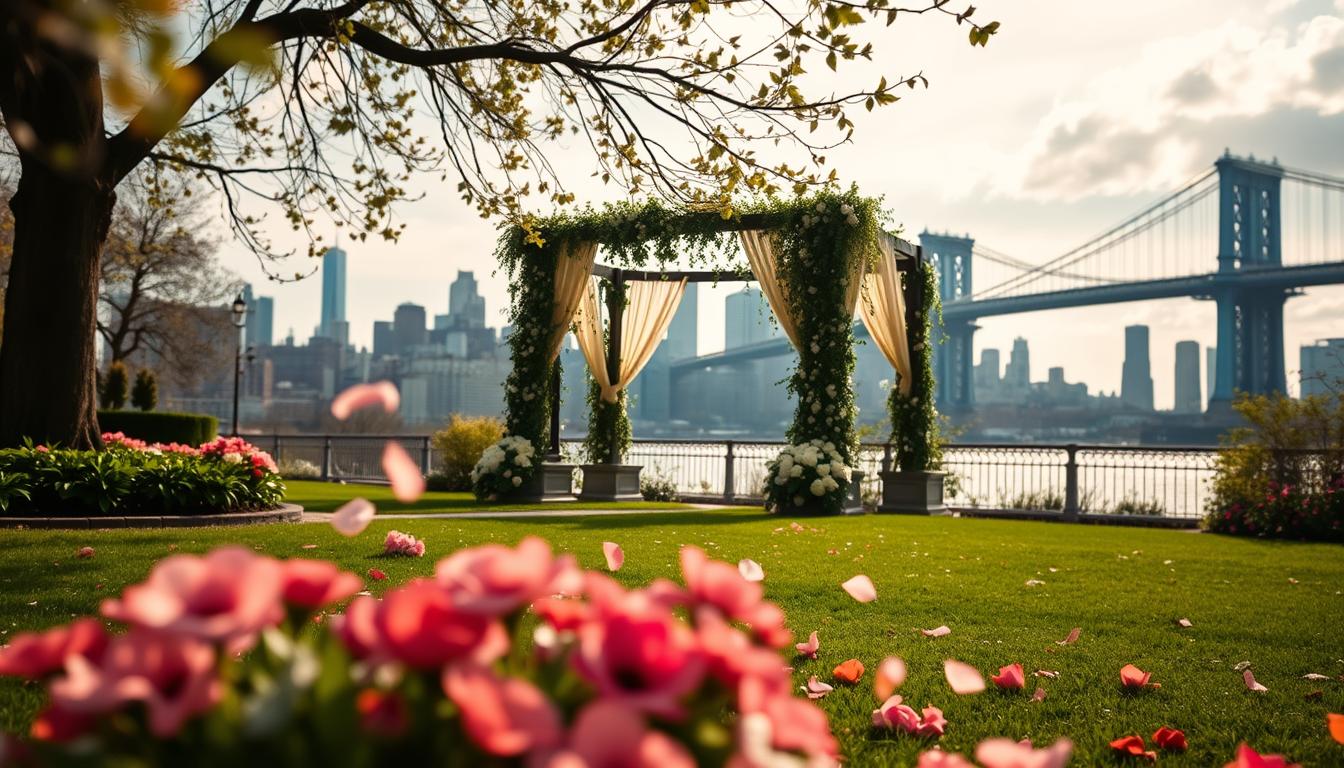 A stunning, picturesque outdoor wedding scene in New York City's lush spring gardens. In the foreground, a beautifully manicured lawn with vibrant flowers in bloom, petals drifting gently in the soft breeze. In the middle ground, a charming gazebo or pergola, adorned with cascading vines and twinkling lights, creating a magical, romantic atmosphere. In the background, the iconic skyline of Manhattan, with its towering skyscrapers and bridges, providing a stunning urban backdrop. The lighting is soft and warm, creating a dreamlike, ethereal quality, captured through a wide-angle lens to showcase the grandeur of the scene. An enchanting, one-of-a-kind setting for a truly memorable outdoor wedding in the heart of the city. A stunning, picturesque outdoor wedding scene in New York City's lush spring gardens. In the foreground, a beautifully manicured lawn with vibrant flowers in bloom, petals drifting gently in the soft breeze. In the middle ground, a charming gazebo or pergola, adorned with cascading vines and twinkling lights, creating a magical, romantic atmosphere. In the background, the iconic skyline of Manhattan, with its towering skyscrapers and bridges, providing a stunning urban backdrop. The lighting is soft and warm, creating a dreamlike, ethereal quality, captured through a wide-angle lens to showcase the grandeur of the scene. An enchanting, one-of-a-kind setting for a truly memorable outdoor wedding in the heart of the city.