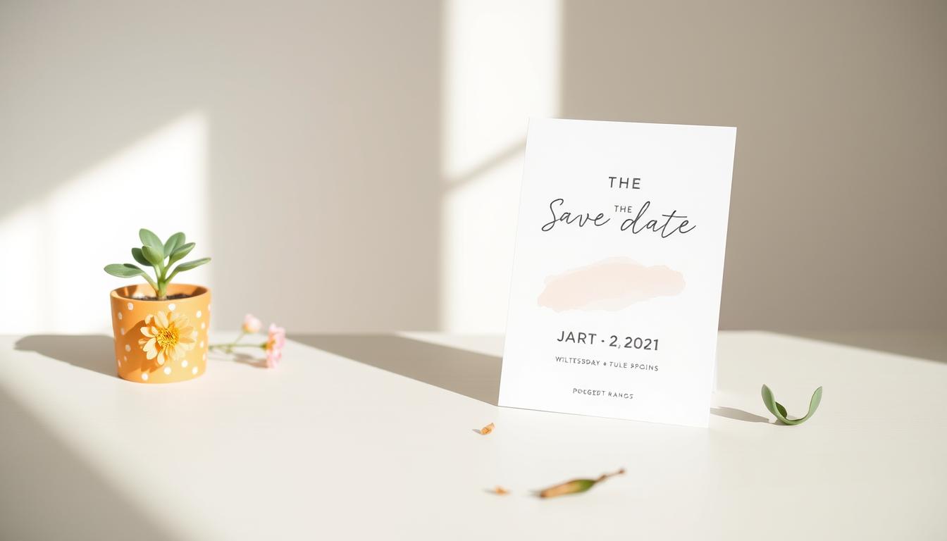 A stylish, minimalist save the date card set in an airy, sun-lit studio. The cards feature a clean, contemporary design with subtle, pastel-toned patterns or geometric shapes. Placed on a pale wooden table, the cards are accompanied by simple, budget-friendly decor elements like a small potted plant, a single stem flower, and a few scattered leaves. The lighting is soft and diffused, creating a warm, inviting atmosphere. The overall look is modern, elegant, and visually appealing, showcasing budget-friendly save the date options that would fit seamlessly into a variety of wedding styles. A stylish, minimalist save the date card set in an airy, sun-lit studio. The cards feature a clean, contemporary design with subtle, pastel-toned patterns or geometric shapes. Placed on a pale wooden table, the cards are accompanied by simple, budget-friendly decor elements like a small potted plant, a single stem flower, and a few scattered leaves. The lighting is soft and diffused, creating a warm, inviting atmosphere. The overall look is modern, elegant, and visually appealing, showcasing budget-friendly save the date options that would fit seamlessly into a variety of wedding styles.