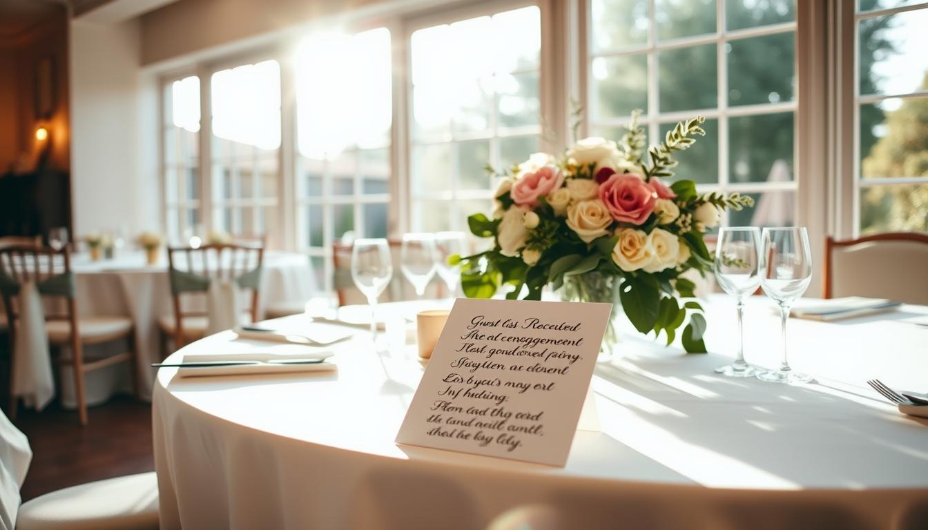 A stylish wedding reception table set with elegant white linen, a centerpiece of fresh flowers, and a handwritten guest list in cursive calligraphy. The lighting is soft and warm, casting a cozy ambiance. The table is situated in a spacious, sun-drenched room with large windows overlooking a lush garden. A sense of anticipation and celebration fills the air, as the guest list represents the loved ones soon to gather for an intimate engagement party. A stylish wedding reception table set with elegant white linen, a centerpiece of fresh flowers, and a handwritten guest list in cursive calligraphy. The lighting is soft and warm, casting a cozy ambiance. The table is situated in a spacious, sun-drenched room with large windows overlooking a lush garden. A sense of anticipation and celebration fills the air, as the guest list represents the loved ones soon to gather for an intimate engagement party.