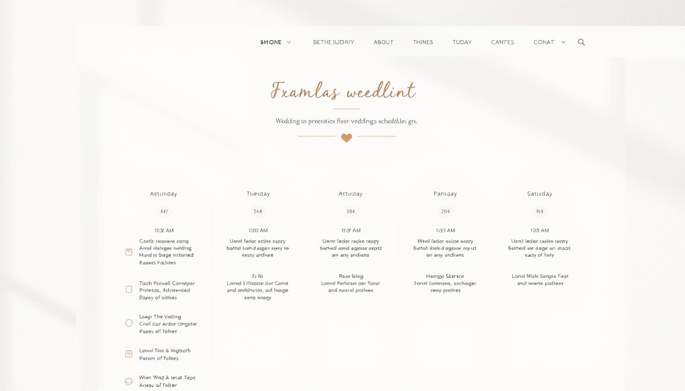 A wedding schedule example showcased on a modern, minimalist website. The foreground features a clean, elegant table layout with event details neatly organized by time and activity. The middle ground includes subtle icons and graphics that complement the overall design. The background has a soft, neutral color palette with a hint of texture, creating a serene and sophisticated atmosphere. The lighting is natural and diffused, accentuating the simplicity and sophistication of the layout. The camera angle is slightly elevated, providing a clear and comprehensive view of the schedule. Overall, the image conveys a sense of order, elegance, and user-friendliness, perfectly suited for a wedding website. A wedding schedule example showcased on a modern, minimalist website. The foreground features a clean, elegant table layout with event details neatly organized by time and activity. The middle ground includes subtle icons and graphics that complement the overall design. The background has a soft, neutral color palette with a hint of texture, creating a serene and sophisticated atmosphere. The lighting is natural and diffused, accentuating the simplicity and sophistication of the layout. The camera angle is slightly elevated, providing a clear and comprehensive view of the schedule. Overall, the image conveys a sense of order, elegance, and user-friendliness, perfectly suited for a wedding website.