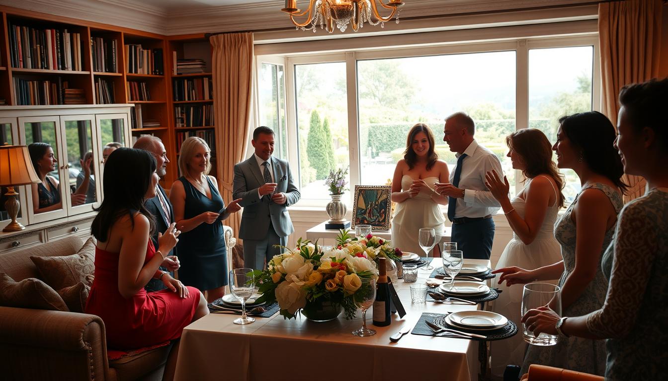 A well-appointed living room, bathed in warm, soft lighting. In the foreground, a group of stylishly dressed individuals engaged in lively conversation, gesticulating and smiling. The centerpiece is a beautifully decorated table, with fine china, crystal glassware, and a floral centerpiece. In the background, a bookshelf-lined wall and a large window overlooking a picturesque garden, creating a cozy, intimate atmosphere. The scene exudes an air of sophistication and celebration, capturing the essence of an engagement party where close friends and family gather to honor the happy couple. A well-appointed living room, bathed in warm, soft lighting. In the foreground, a group of stylishly dressed individuals engaged in lively conversation, gesticulating and smiling. The centerpiece is a beautifully decorated table, with fine china, crystal glassware, and a floral centerpiece. In the background, a bookshelf-lined wall and a large window overlooking a picturesque garden, creating a cozy, intimate atmosphere. The scene exudes an air of sophistication and celebration, capturing the essence of an engagement party where close friends and family gather to honor the happy couple.