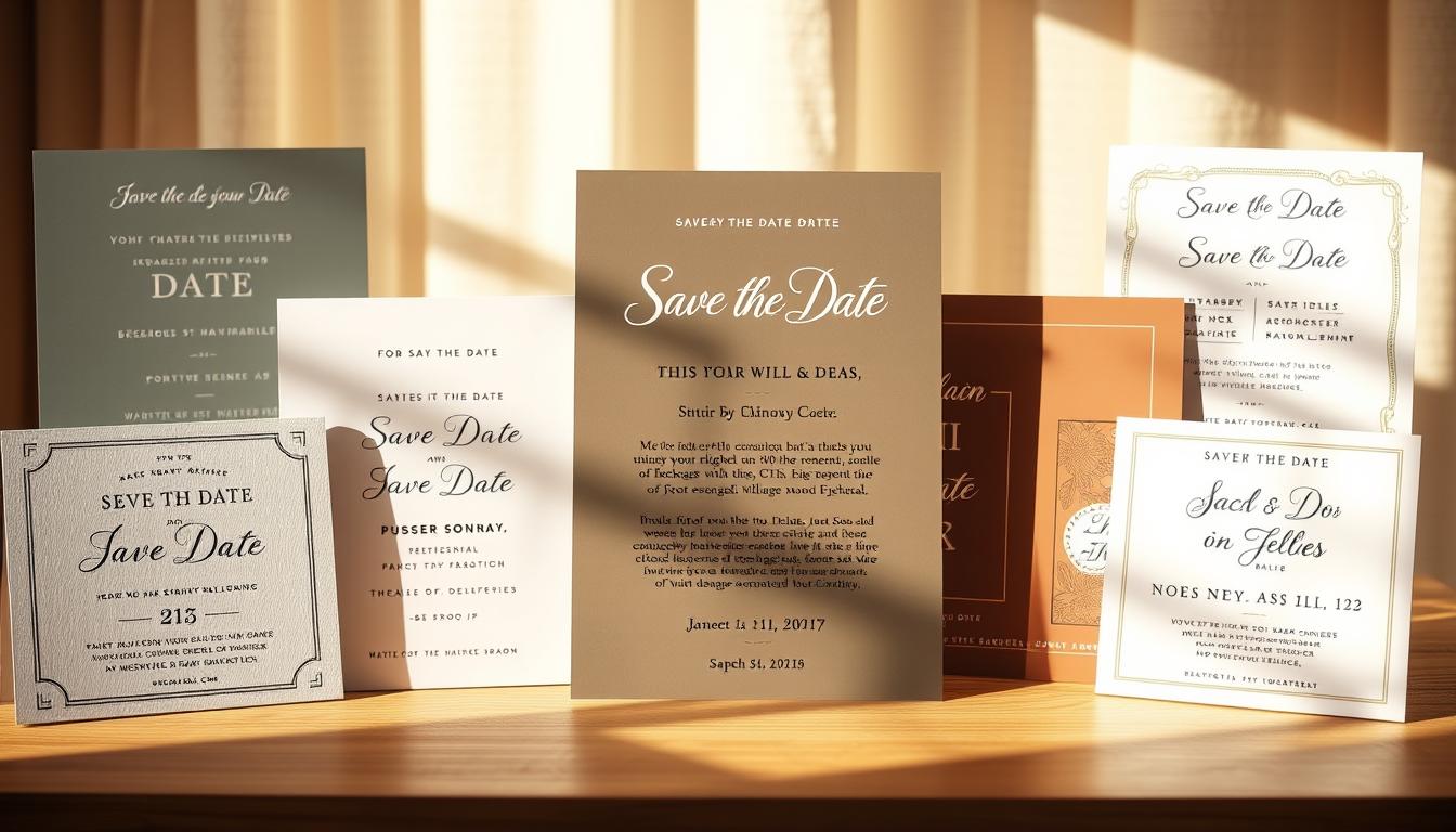 A well-designed collection of save the date wording templates and examples, showcased against a soft, blurred background. The templates are elegantly displayed, featuring a variety of modern typefaces, layouts, and design elements. The middle ground highlights a selection of sample wordings, capturing the essence of save the date messages with a balance of formality and warmth. Warm, natural lighting casts a subtle glow, creating a refined, inviting atmosphere. The composition is artfully arranged, drawing the viewer's eye to the essential details while maintaining a visually harmonious and aesthetically pleasing display. A well-designed collection of save the date wording templates and examples, showcased against a soft, blurred background. The templates are elegantly displayed, featuring a variety of modern typefaces, layouts, and design elements. The middle ground highlights a selection of sample wordings, capturing the essence of save the date messages with a balance of formality and warmth. Warm, natural lighting casts a subtle glow, creating a refined, inviting atmosphere. The composition is artfully arranged, drawing the viewer's eye to the essential details while maintaining a visually harmonious and aesthetically pleasing display.