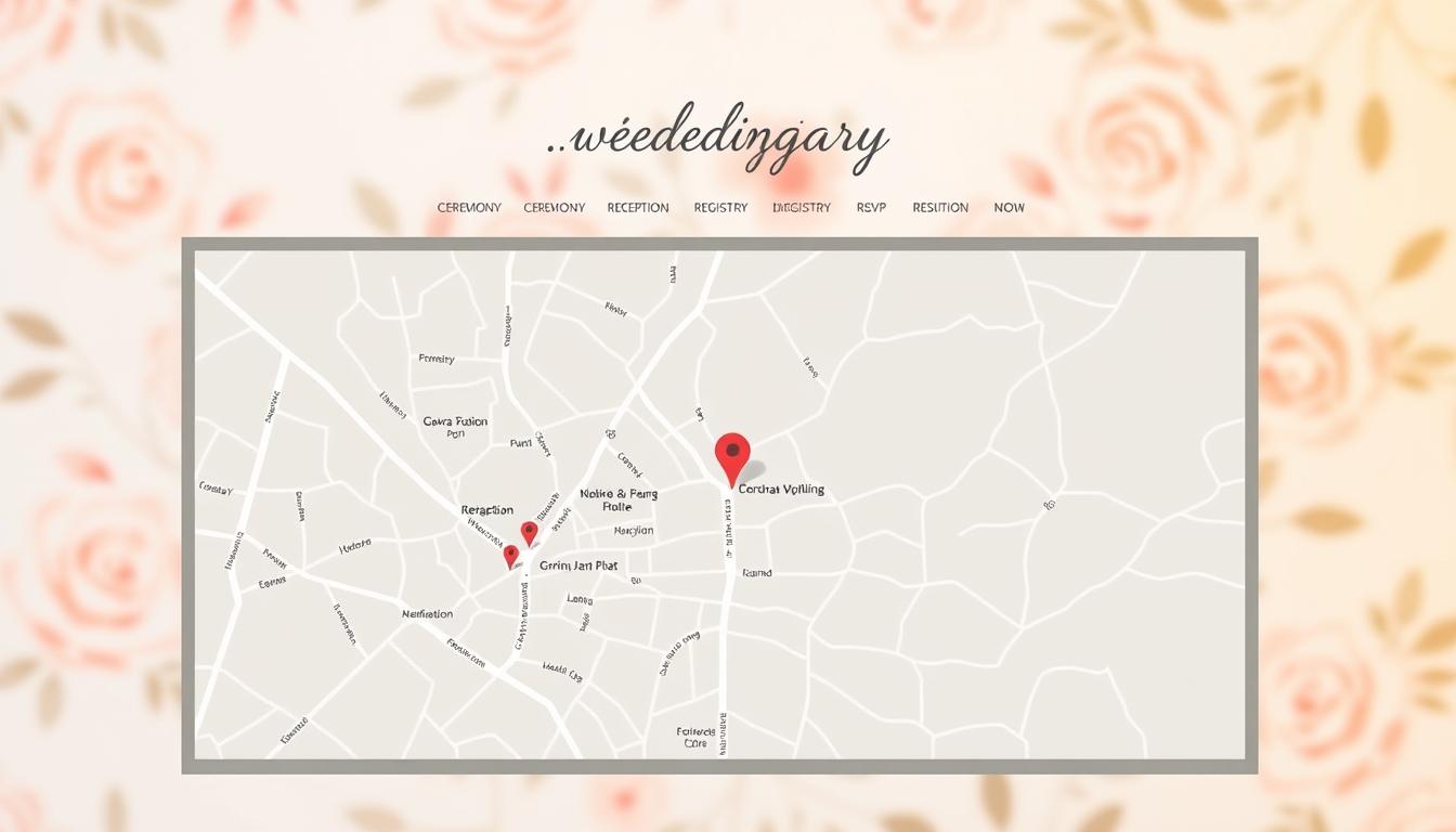 A well-designed wedding website navigation with a clean, minimalist aesthetic. A large central map dominates the foreground, displaying the wedding venue location with detailed directions. The middle ground features a sleek navigation bar with intuitive links to key sections like the ceremony, reception, registry, and RSVP. The background has a soft, blurred backdrop of elegant floral patterns in pastel colors, evoking the romantic atmosphere of the event. Warm, natural lighting gently illuminates the scene, creating a serene and inviting ambiance. The entire composition is captured from a slightly elevated angle, providing an optimal user experience for website visitors. A well-designed wedding website navigation with a clean, minimalist aesthetic. A large central map dominates the foreground, displaying the wedding venue location with detailed directions. The middle ground features a sleek navigation bar with intuitive links to key sections like the ceremony, reception, registry, and RSVP. The background has a soft, blurred backdrop of elegant floral patterns in pastel colors, evoking the romantic atmosphere of the event. Warm, natural lighting gently illuminates the scene, creating a serene and inviting ambiance. The entire composition is captured from a slightly elevated angle, providing an optimal user experience for website visitors.