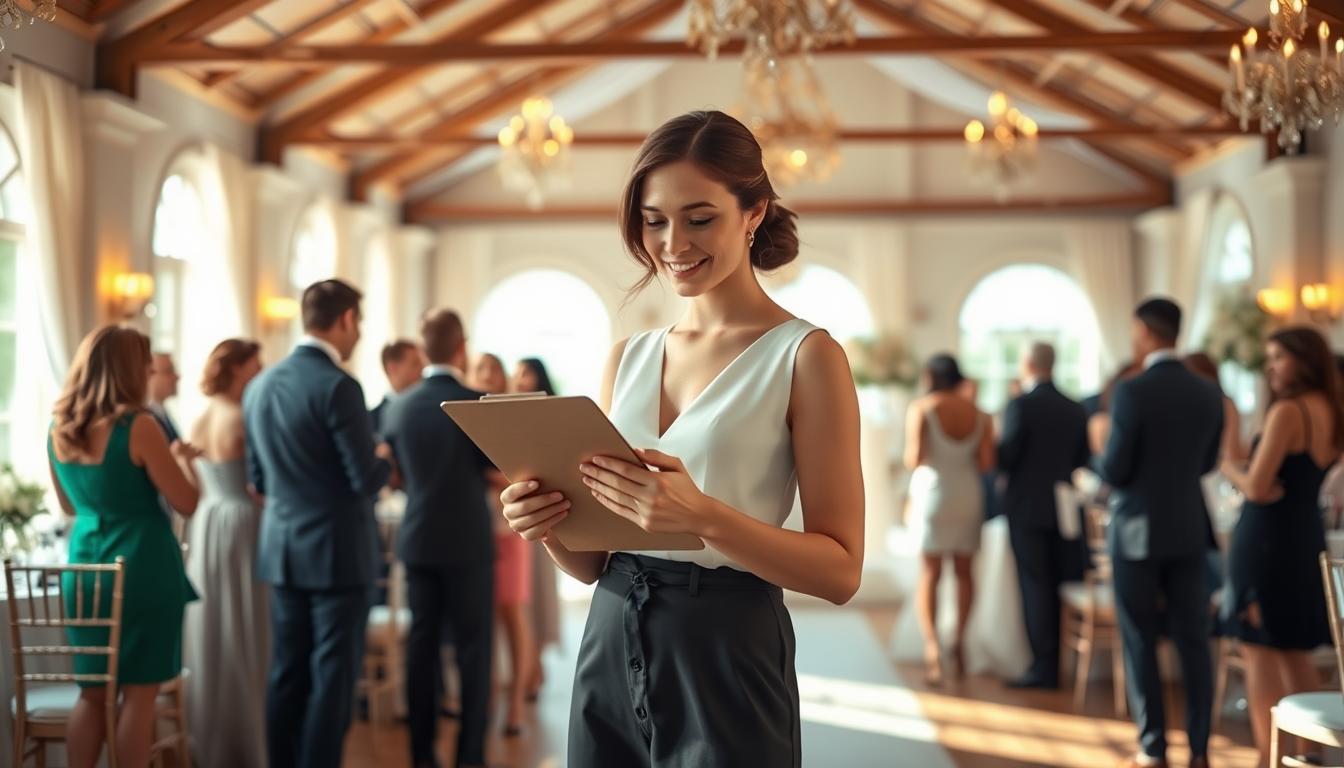 A young, stylish woman stands at the center of a sunlit, airy wedding venue, her hands clasped together as she reviews her clipboard with a thoughtful expression. Surrounding her, elegantly dressed guests mingle and converse, set against a backdrop of delicate floral arrangements and warm, golden lighting. The scene exudes an atmosphere of joyful anticipation, capturing the essence of a holiday weekend wedding planner expertly coordinating the details to ensure a memorable celebration. A young, stylish woman stands at the center of a sunlit, airy wedding venue, her hands clasped together as she reviews her clipboard with a thoughtful expression. Surrounding her, elegantly dressed guests mingle and converse, set against a backdrop of delicate floral arrangements and warm, golden lighting. The scene exudes an atmosphere of joyful anticipation, capturing the essence of a holiday weekend wedding planner expertly coordinating the details to ensure a memorable celebration.
