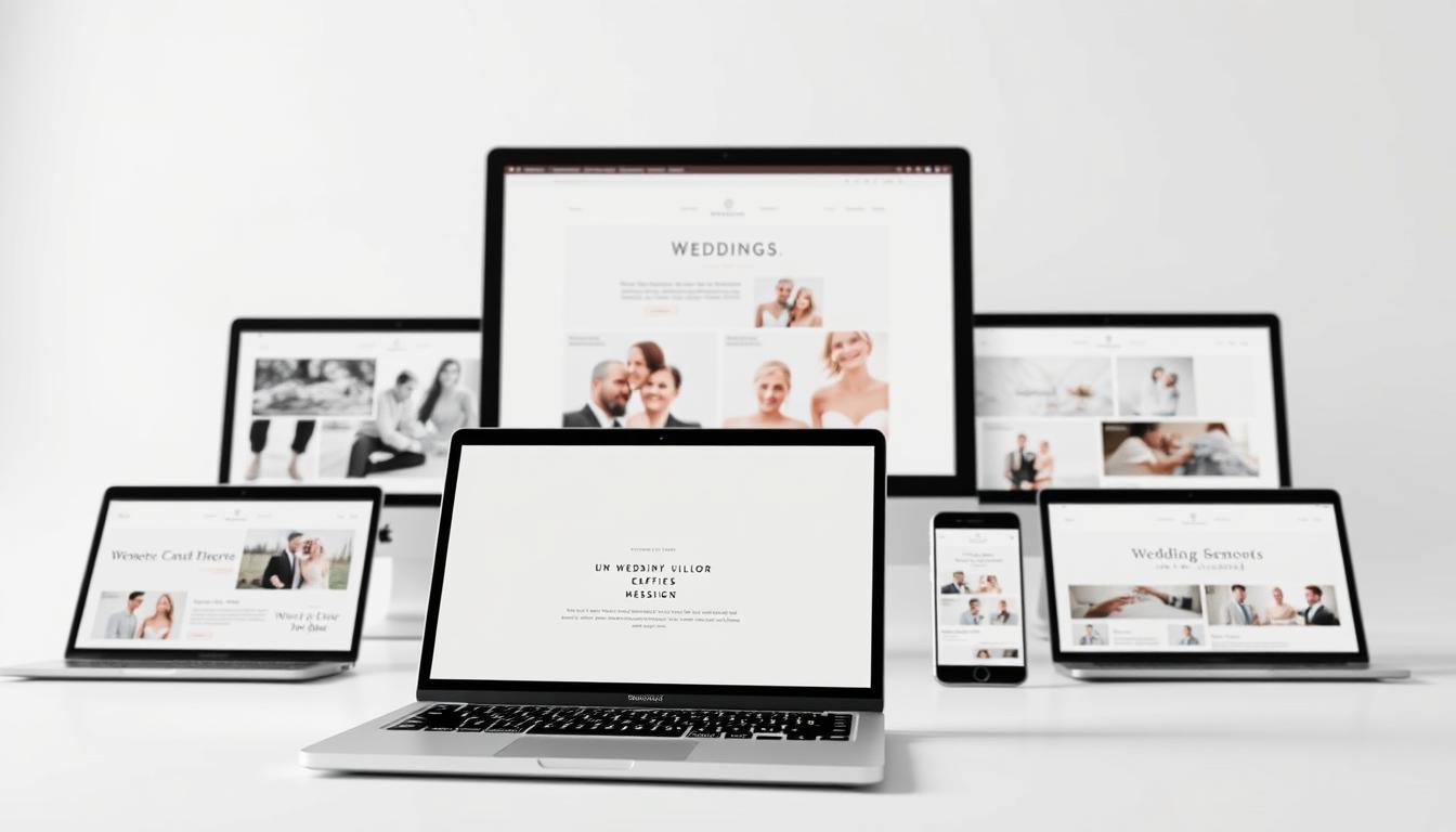 Elegant wedding website samples displayed on modern laptop screens, showcasing various design templates and layouts. The foreground features a crisply rendered laptop, angled to showcase a selection of minimalist and typographic website designs in soft, muted tones. The middle ground includes additional laptop screens and mobile devices, presenting a variety of website preview mockups. The background is a clean, white studio setting, with subtle highlights and shadows to create depth and a professional, high-quality atmosphere. Lighting is soft and diffused, capturing the refined, aspirational essence of wedding website design. Elegant wedding website samples displayed on modern laptop screens, showcasing various design templates and layouts. The foreground features a crisply rendered laptop, angled to showcase a selection of minimalist and typographic website designs in soft, muted tones. The middle ground includes additional laptop screens and mobile devices, presenting a variety of website preview mockups. The background is a clean, white studio setting, with subtle highlights and shadows to create depth and a professional, high-quality atmosphere. Lighting is soft and diffused, capturing the refined, aspirational essence of wedding website design.