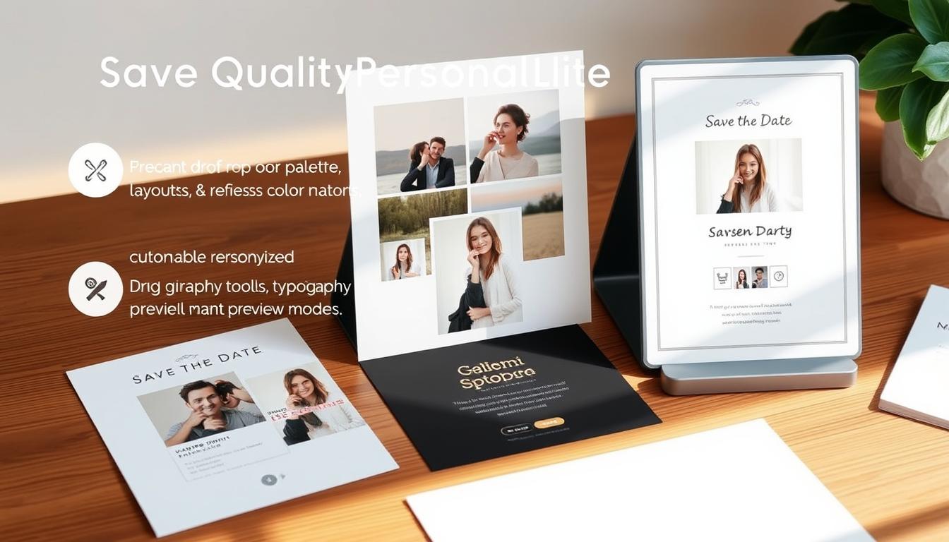 High-quality save the date templates with clean, modern designs and intuitive user interfaces. Depicted on a wooden desk with natural lighting, the templates showcase a variety of customizable layouts, color palettes, and photo placements. The focus is on effortless personalization, showcasing features like drag-and-drop functionality, typography tools, and preview modes. The overall mood is minimalist and elegant, highlighting the templates' ease of use and design versatility. The angle is a slightly elevated, three-quarter view to capture the templates in an appealing, realistic setting. High-quality save the date templates with clean, modern designs and intuitive user interfaces. Depicted on a wooden desk with natural lighting, the templates showcase a variety of customizable layouts, color palettes, and photo placements. The focus is on effortless personalization, showcasing features like drag-and-drop functionality, typography tools, and preview modes. The overall mood is minimalist and elegant, highlighting the templates' ease of use and design versatility. The angle is a slightly elevated, three-quarter view to capture the templates in an appealing, realistic setting.
