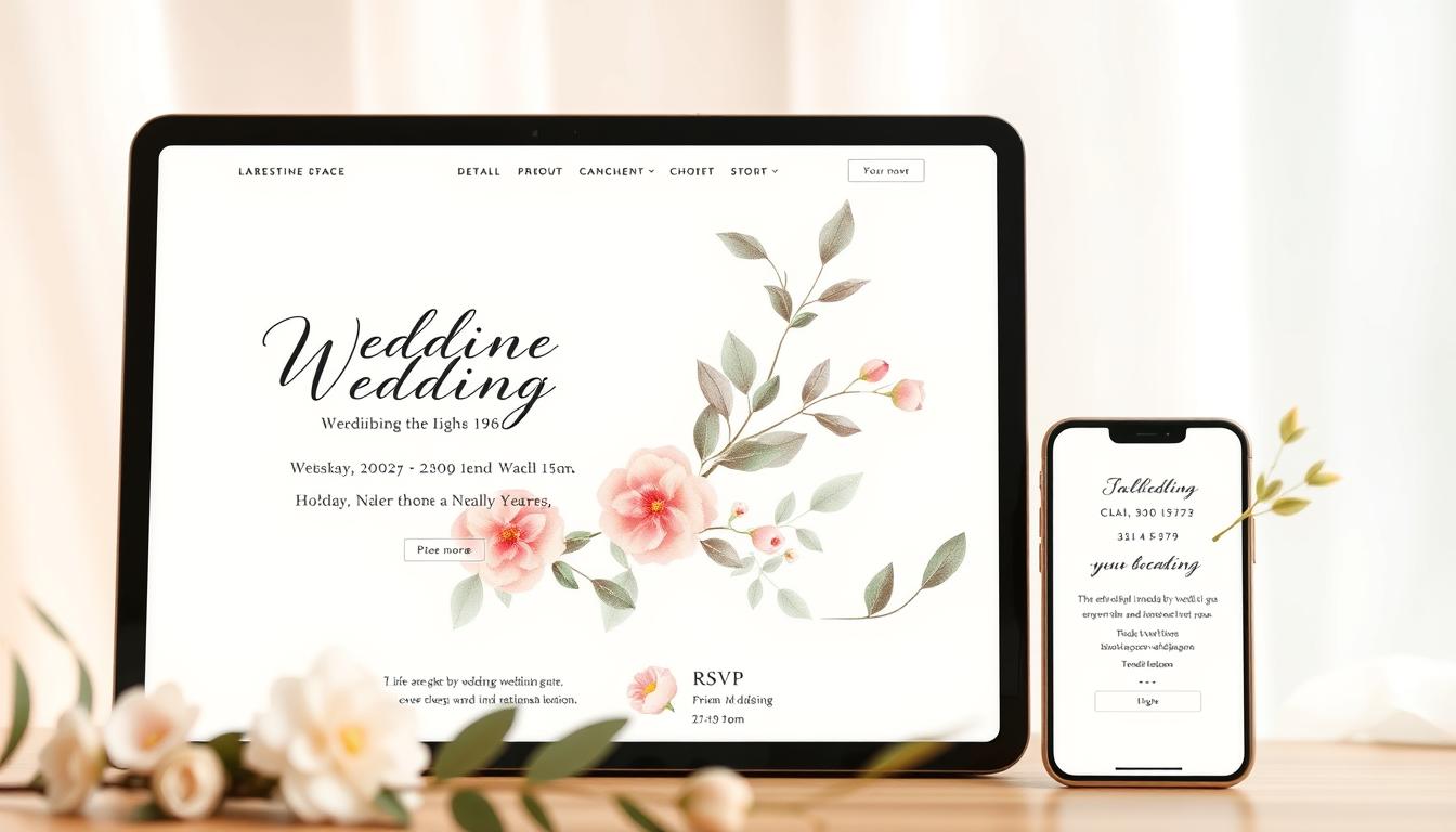 High-resolution, detailed wedding website design concept with elegant typography, romantic floral elements, and soft, warm lighting. The foreground features a responsive, mobile-friendly website mockup with a minimalist layout showcasing essential wedding details like the date, location, and RSVP information. The middle ground incorporates delicate watercolor florals and leaves, creating a serene, nature-inspired ambiance. The background has a soft, blurred effect, highlighting the website's clean, sophisticated aesthetic. The overall composition conveys a sense of timeless, refined beauty suitable for a wedding website announcement. High-resolution, detailed wedding website design concept with elegant typography, romantic floral elements, and soft, warm lighting. The foreground features a responsive, mobile-friendly website mockup with a minimalist layout showcasing essential wedding details like the date, location, and RSVP information. The middle ground incorporates delicate watercolor florals and leaves, creating a serene, nature-inspired ambiance. The background has a soft, blurred effect, highlighting the website's clean, sophisticated aesthetic. The overall composition conveys a sense of timeless, refined beauty suitable for a wedding website announcement.