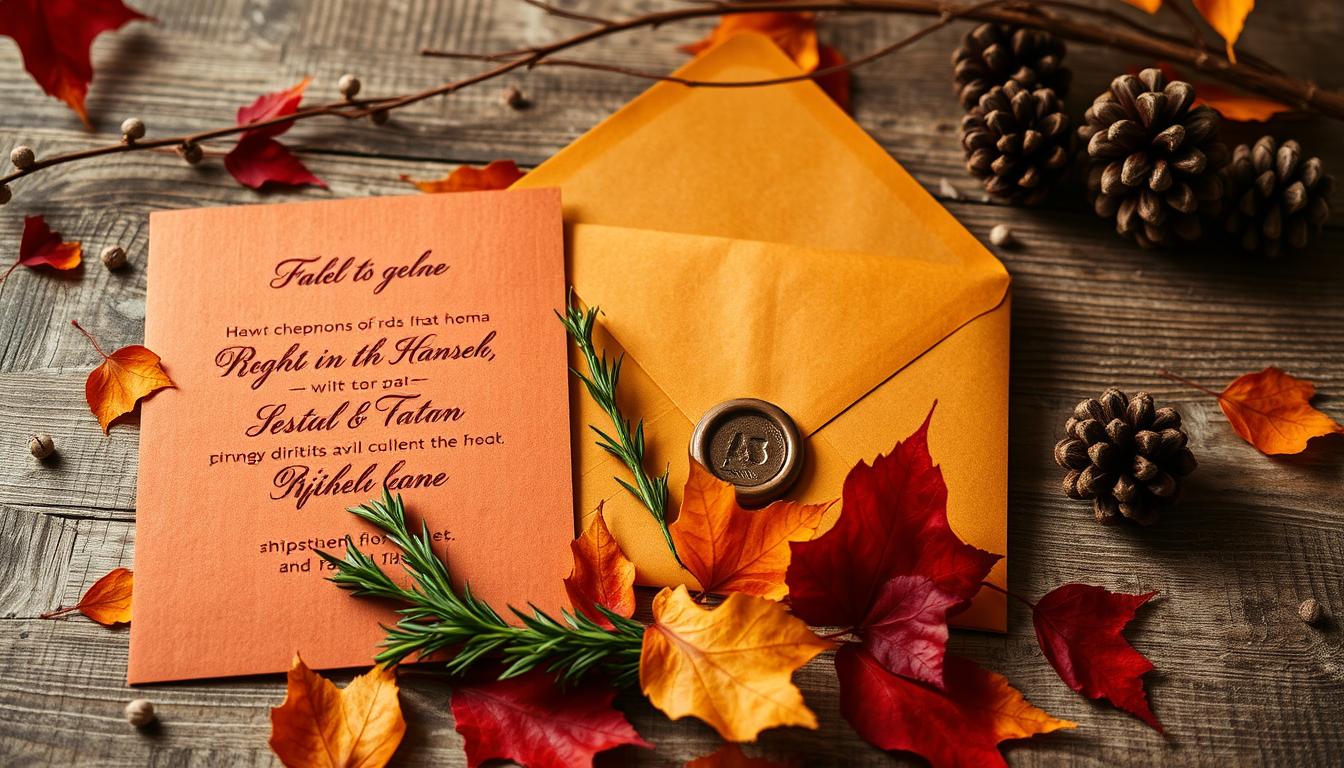Rustic fall wedding invites, featuring a warm, earthy palette of amber, crimson, and golden hues. A handcrafted design with textured paper, embossed calligraphy, and scattered leaves in the foreground. In the middle ground, a sprig of fragrant rosemary and a wax-sealed envelope against a weathered wooden backdrop. Soft, diffused lighting casts a cozy, autumnal glow, while the composition is framed by a natural vignette of twigs and pinecones. The overall aesthetic evokes the charm of a countryside celebration, perfectly capturing the essence of a "Timing Your Save the Dates" section for a captivating fall wedding. Rustic fall wedding invites, featuring a warm, earthy palette of amber, crimson, and golden hues. A handcrafted design with textured paper, embossed calligraphy, and scattered leaves in the foreground. In the middle ground, a sprig of fragrant rosemary and a wax-sealed envelope against a weathered wooden backdrop. Soft, diffused lighting casts a cozy, autumnal glow, while the composition is framed by a natural vignette of twigs and pinecones. The overall aesthetic evokes the charm of a countryside celebration, perfectly capturing the essence of a "Timing Your Save the Dates" section for a captivating fall wedding.