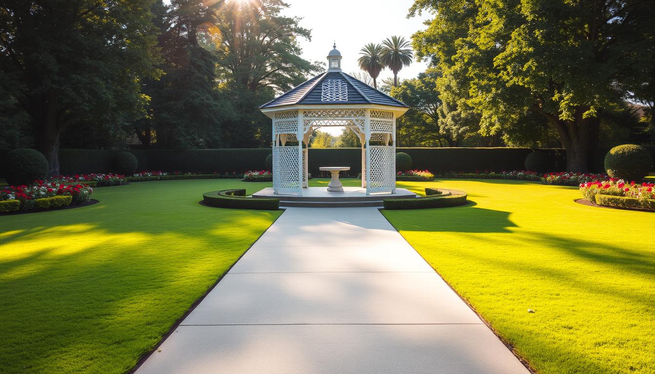 a large, beautifully landscaped garden with a lush, well-manicured lawn, surrounded by vibrant flower beds and neatly trimmed hedges. at the center, a picturesque gazebo stands, its intricate white lattice work providing a stunning backdrop for a wedding ceremony. the path leading to the gazebo is wide and smooth, with gentle slopes and clearly marked accessibility ramps, allowing easy navigation for guests with mobility challenges. the sunlight filters through the trees, casting a warm, golden glow over the entire scene. the atmosphere is serene and inviting, with a sense of tranquility and natural beauty. a large, beautifully landscaped garden with a lush, well-manicured lawn, surrounded by vibrant flower beds and neatly trimmed hedges. at the center, a picturesque gazebo stands, its intricate white lattice work providing a stunning backdrop for a wedding ceremony. the path leading to the gazebo is wide and smooth, with gentle slopes and clearly marked accessibility ramps, allowing easy navigation for guests with mobility challenges. the sunlight filters through the trees, casting a warm, golden glow over the entire scene. the atmosphere is serene and inviting, with a sense of tranquility and natural beauty.